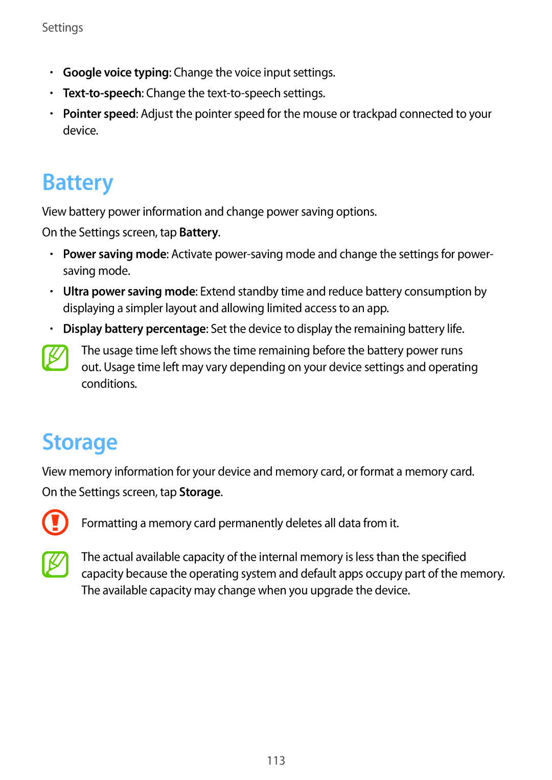 Samsung SM-T555NZBAKSA, SM-T555NZAAKSA, SM-T555NZWAKSA, SM-P555NZWAKSA, SM-T555NZKASEE, SM-P555NZBAKSA manual Battery, Storage 