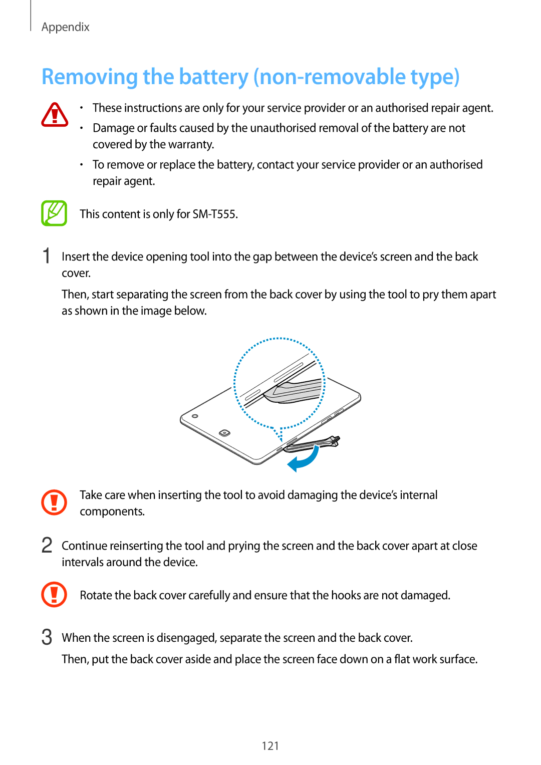 Samsung SM-T555NZWAKSA, SM-T555NZAAKSA, SM-P555NZWAKSA, SM-T555NZKASEE manual Removing the battery non-removable type 