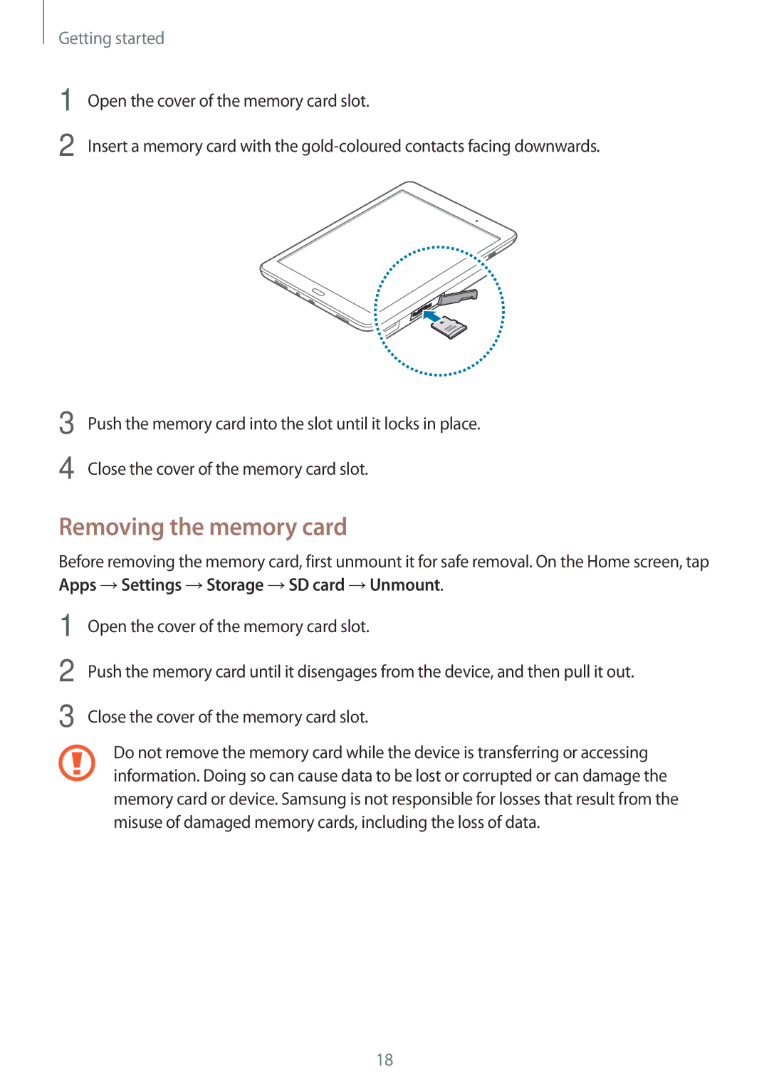 Samsung SM-P555NZAAKSA, SM-T555NZAAKSA, SM-T555NZWAKSA, SM-P555NZWAKSA, SM-T555NZKASEE manual Removing the memory card 