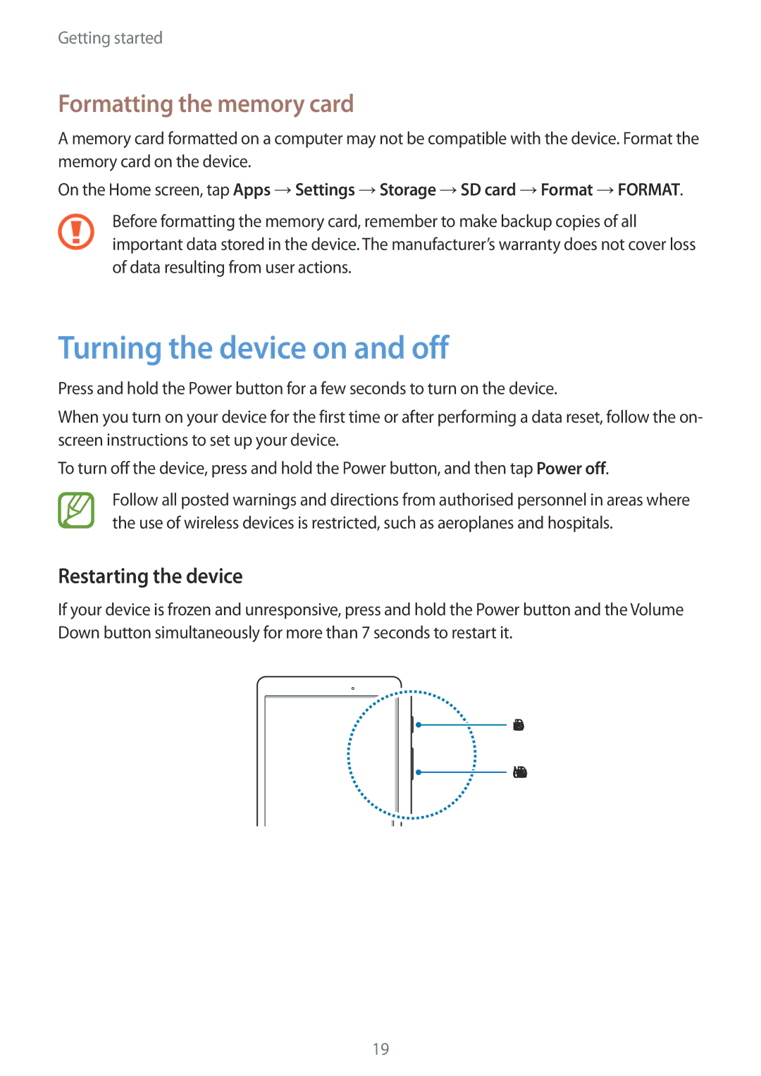 Samsung SM-T355YZWAXXV, SM-T555NZAAKSA Turning the device on and off, Formatting the memory card, Restarting the device 