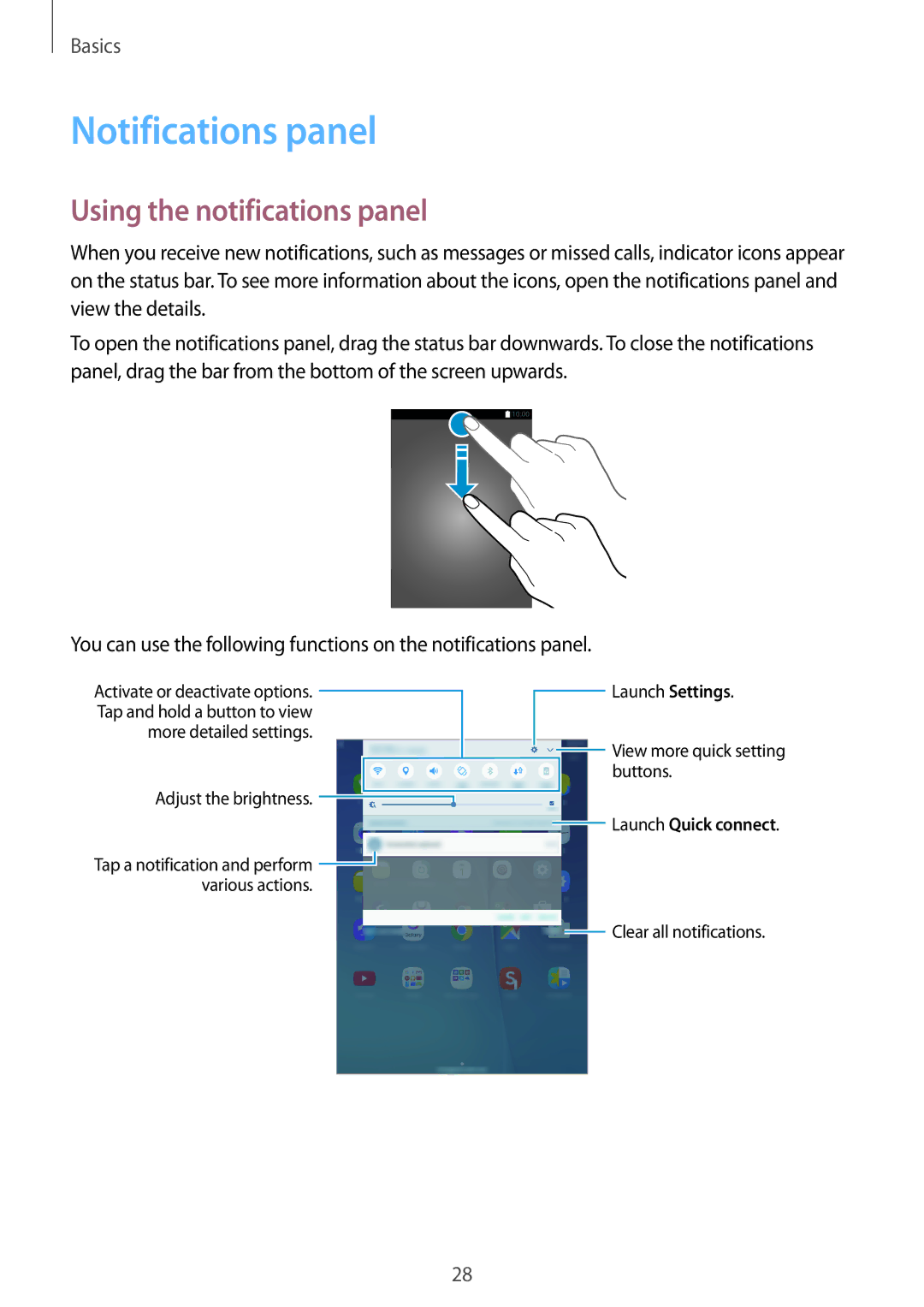 Samsung SM-P555NZBAKSA, SM-T555NZAAKSA, SM-T555NZWAKSA, SM-P555NZWAKSA Notifications panel, Using the notifications panel 