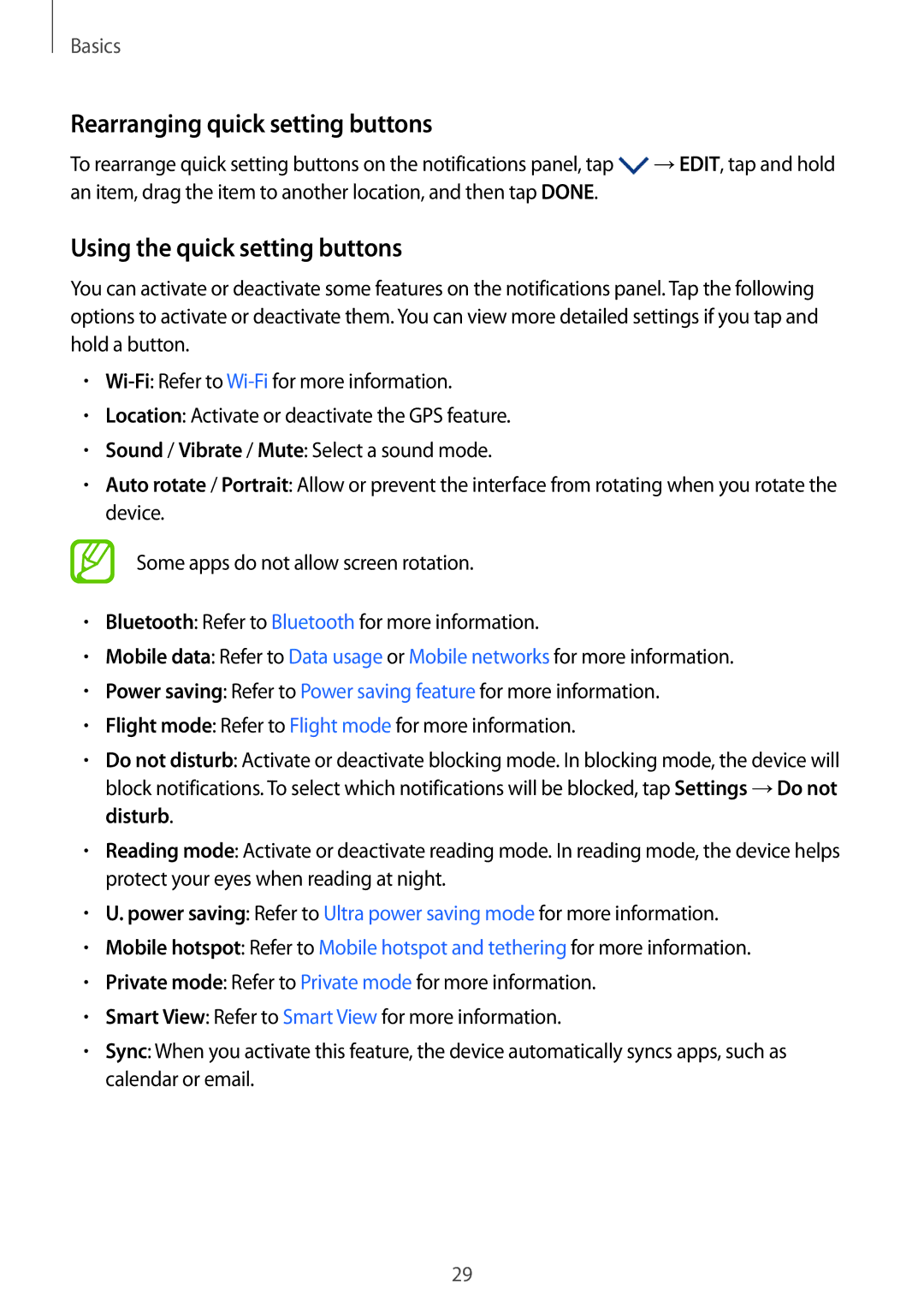 Samsung SM-T555NZBAKSA, SM-T555NZAAKSA, SM-T555NZWAKSA Rearranging quick setting buttons, Using the quick setting buttons 