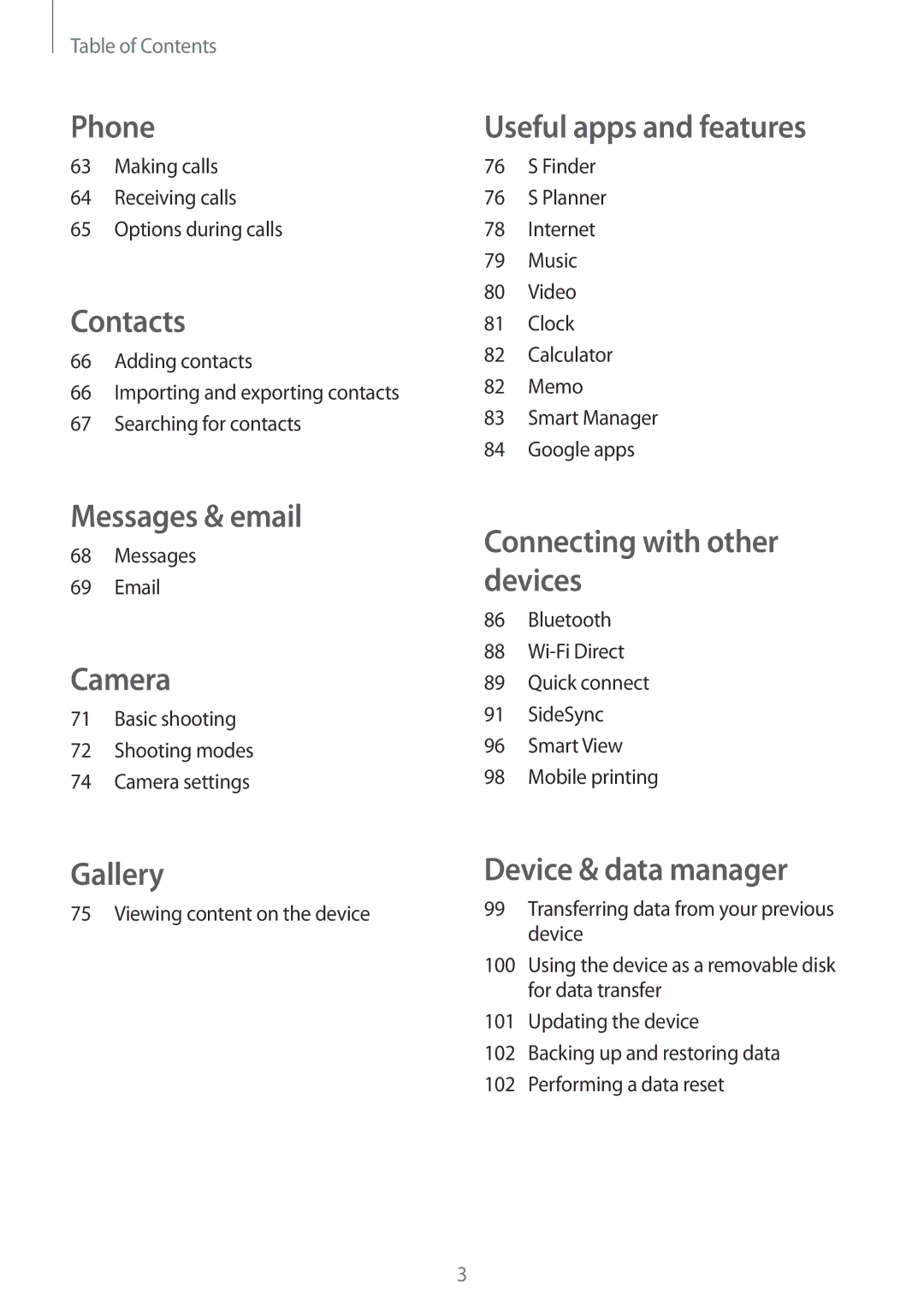 Samsung SM-T555NZKASEE manual Making calls Receiving calls Options during calls, Messages, Viewing content on the device 