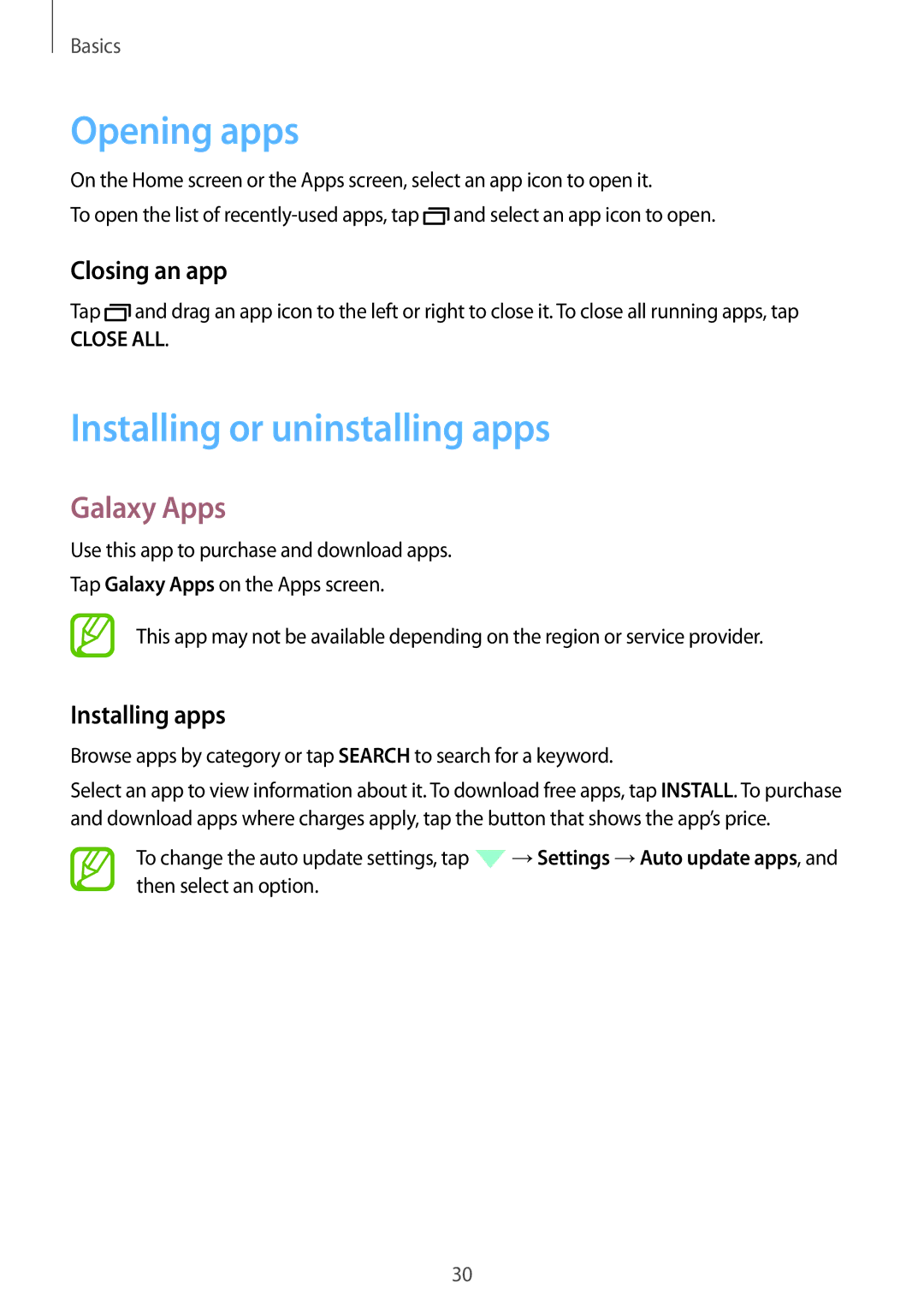 Samsung SM-P555NZAAKSA manual Opening apps, Installing or uninstalling apps, Galaxy Apps, Closing an app, Installing apps 