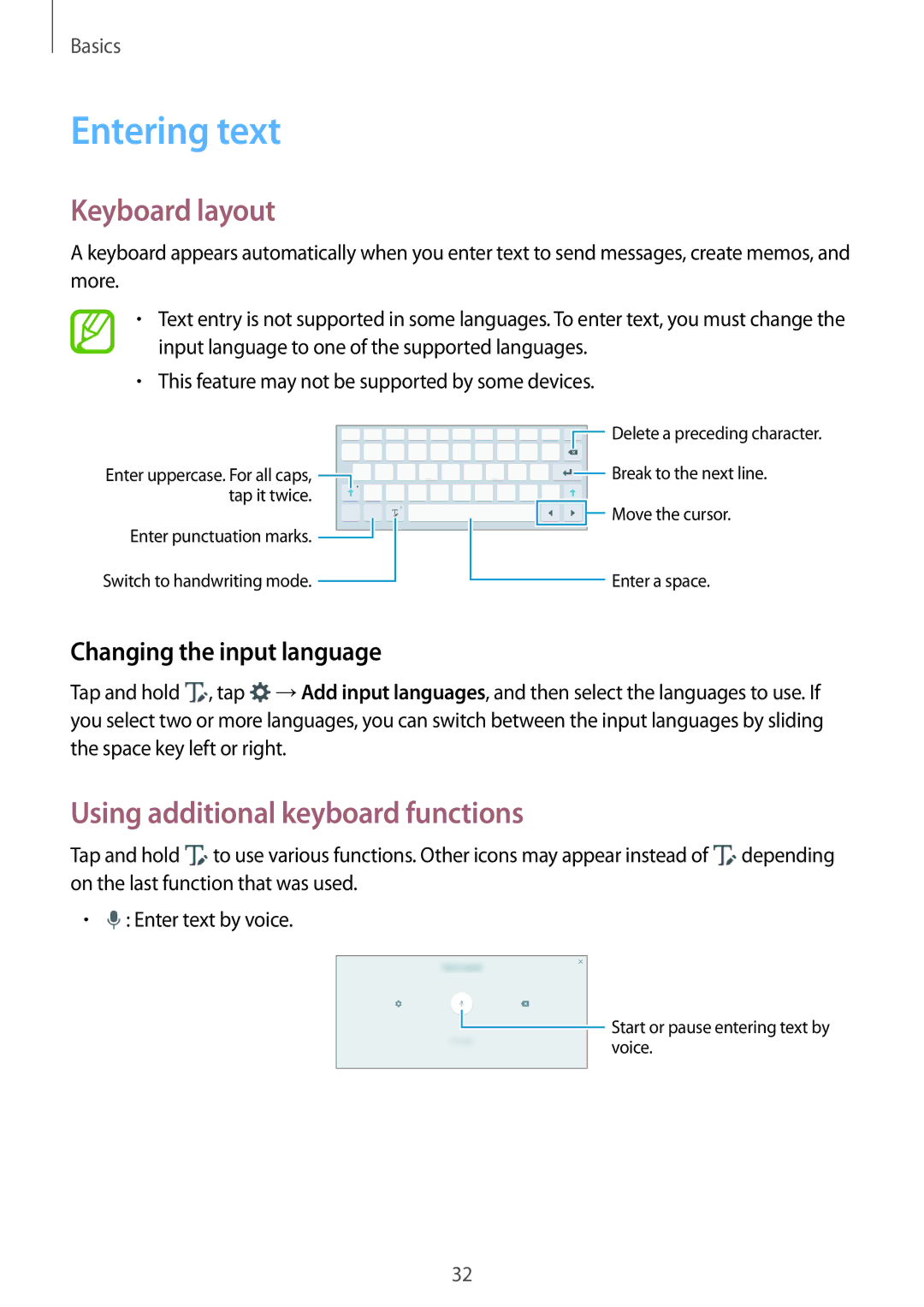 Samsung SM-P555NZWAXXV Entering text, Keyboard layout, Using additional keyboard functions, Changing the input language 