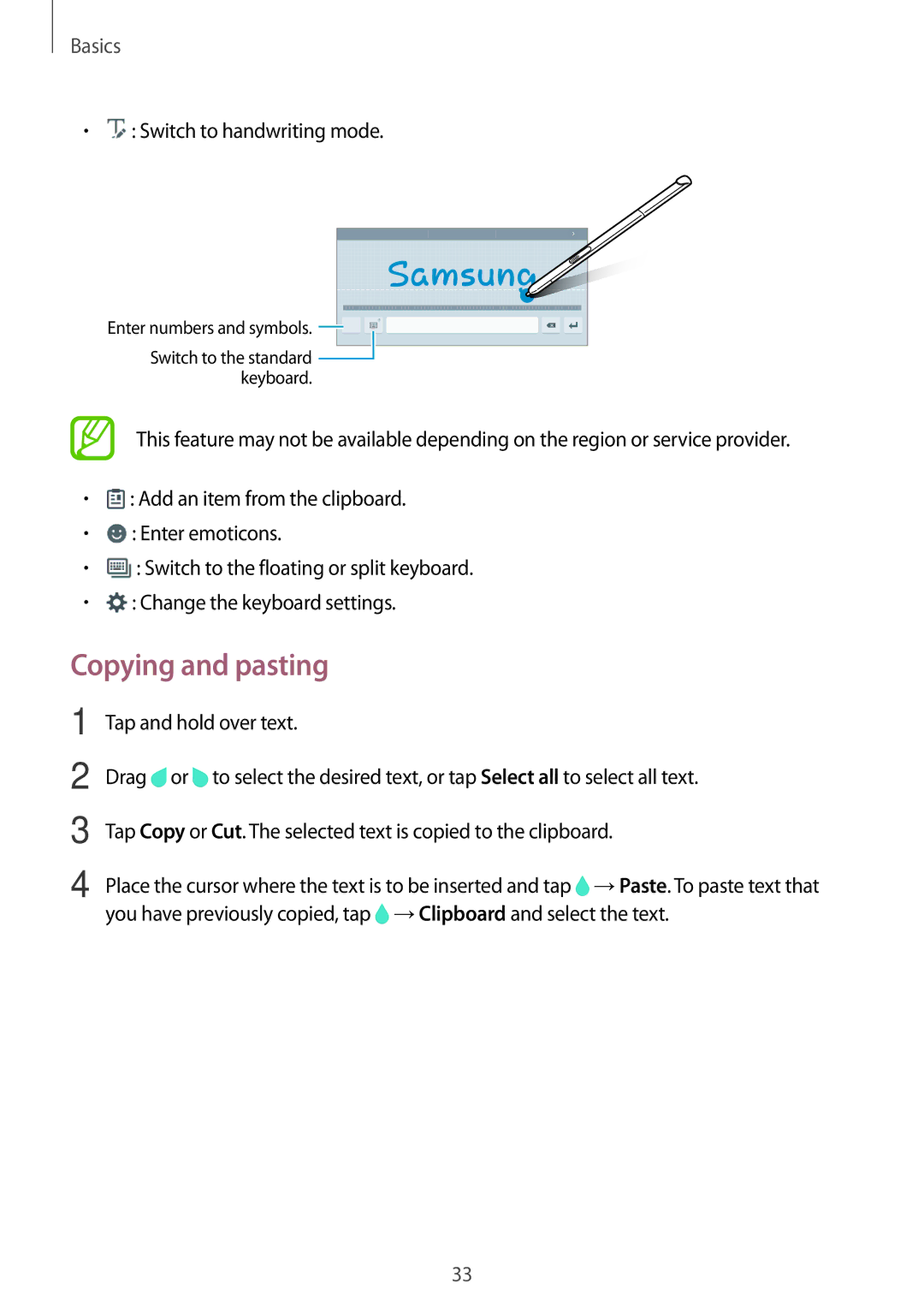 Samsung SM-P555NZAAXXV, SM-T555NZAAKSA, SM-T555NZWAKSA, SM-P555NZWAKSA manual Copying and pasting, Switch to handwriting mode 