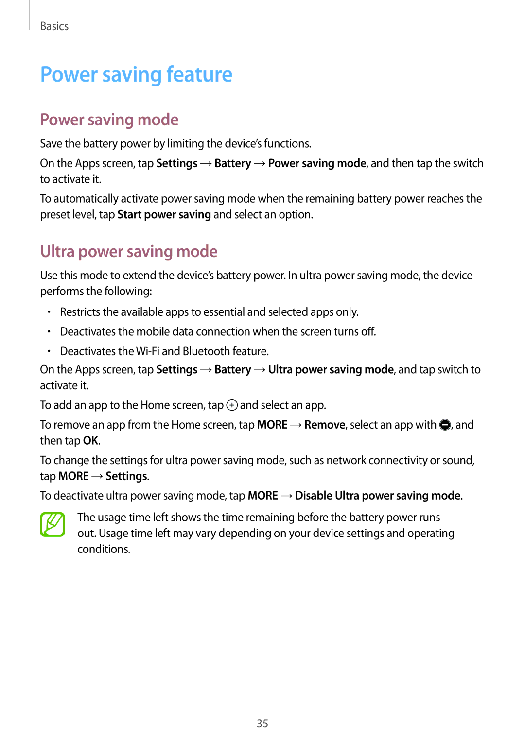 Samsung SM-T555NZKAILO, SM-T555NZAAKSA, SM-T555NZWAKSA Power saving feature, Power saving mode, Ultra power saving mode 