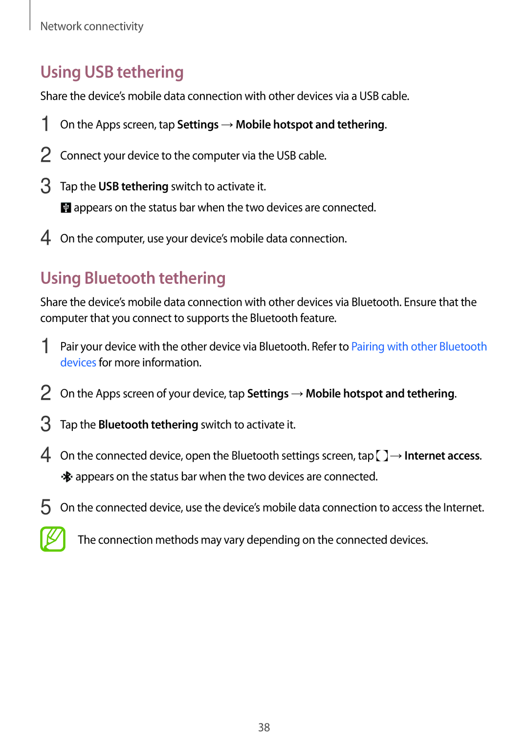 Samsung SM-P555NZWAKSA Using USB tethering, Using Bluetooth tethering, Tap the Bluetooth tethering switch to activate it 