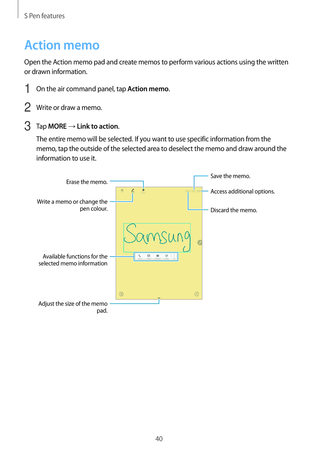 Samsung SM-P555NZBAKSA, SM-T555NZAAKSA, SM-T555NZWAKSA, SM-P555NZWAKSA, SM-T555NZKASEE Action memo, Tap More →Link to action 