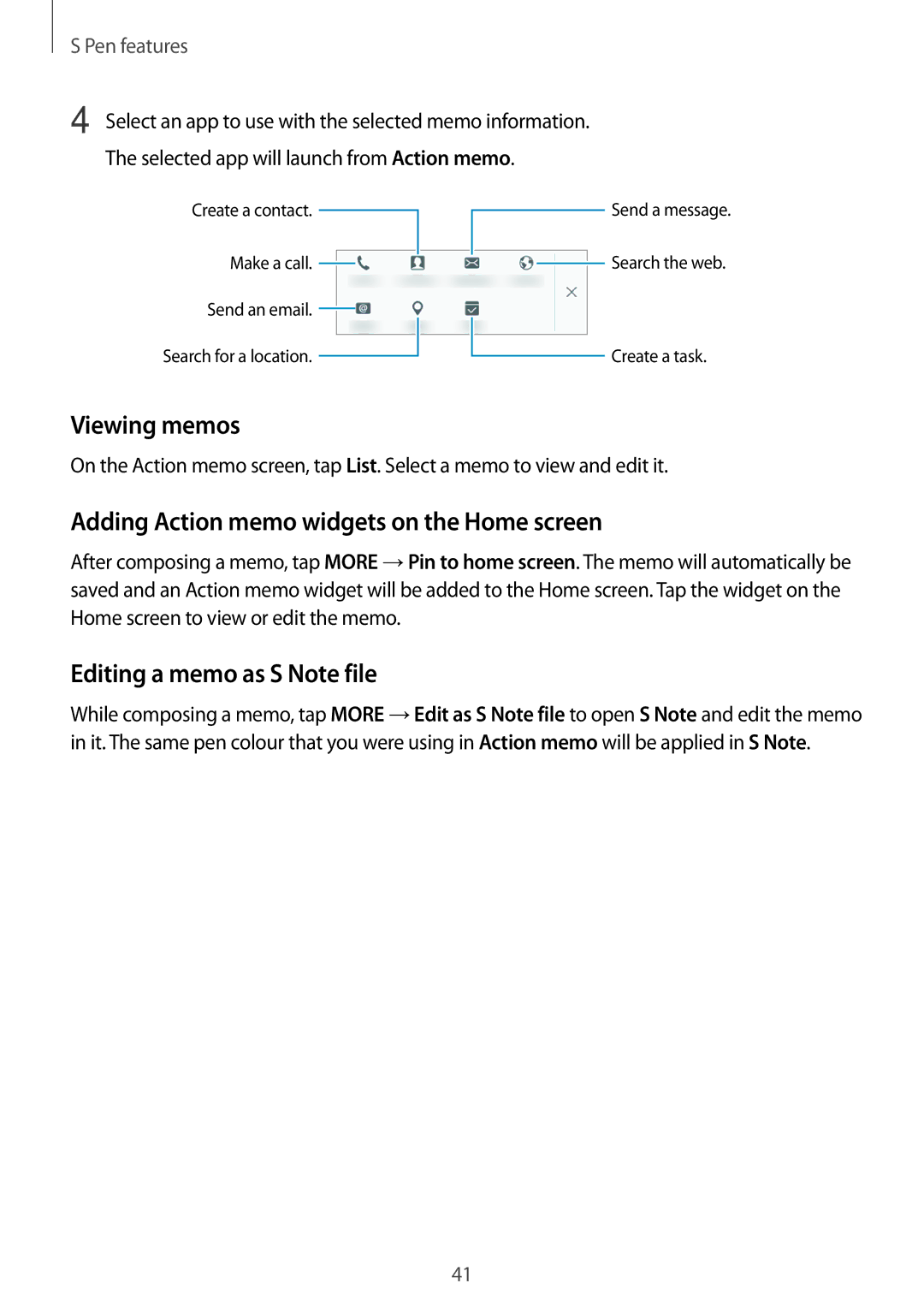 Samsung SM-T555NZBAKSA manual Viewing memos, Adding Action memo widgets on the Home screen, Editing a memo as S Note file 