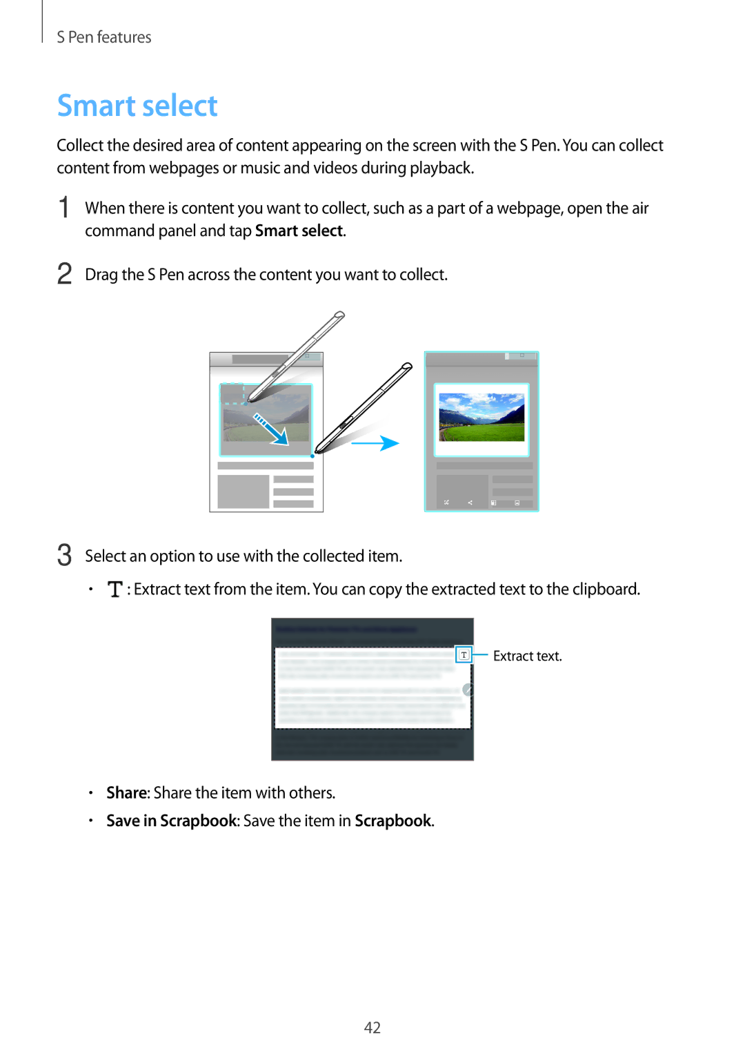 Samsung SM-P555NZAAKSA manual Command panel and tap Smart select, Drag the S Pen across the content you want to collect 