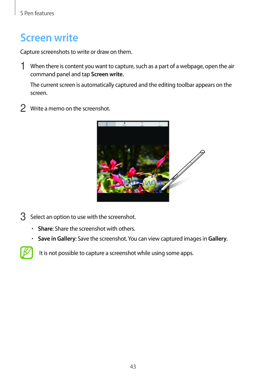 Samsung SM-T355YZWAXXV manual Capture screenshots to write or draw on them, Command panel and tap Screen write 
