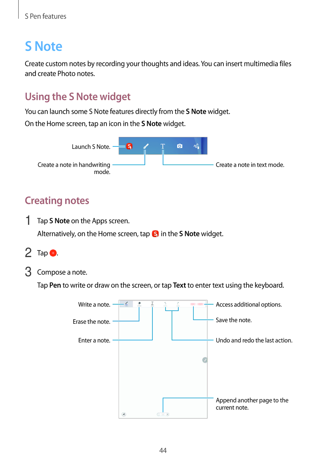Samsung SM-P555NZWAXXV, SM-T555NZAAKSA, SM-T555NZWAKSA, SM-P555NZWAKSA manual Using the S Note widget, Creating notes 