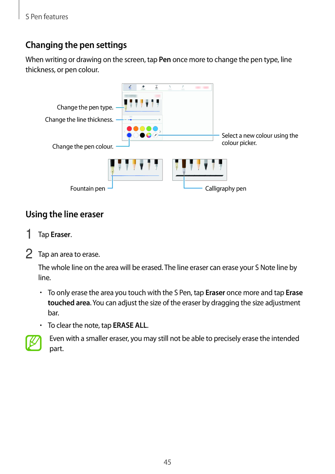 Samsung SM-P555NZAAXXV, SM-T555NZAAKSA, SM-T555NZWAKSA manual Changing the pen settings, Using the line eraser, Tap Eraser 