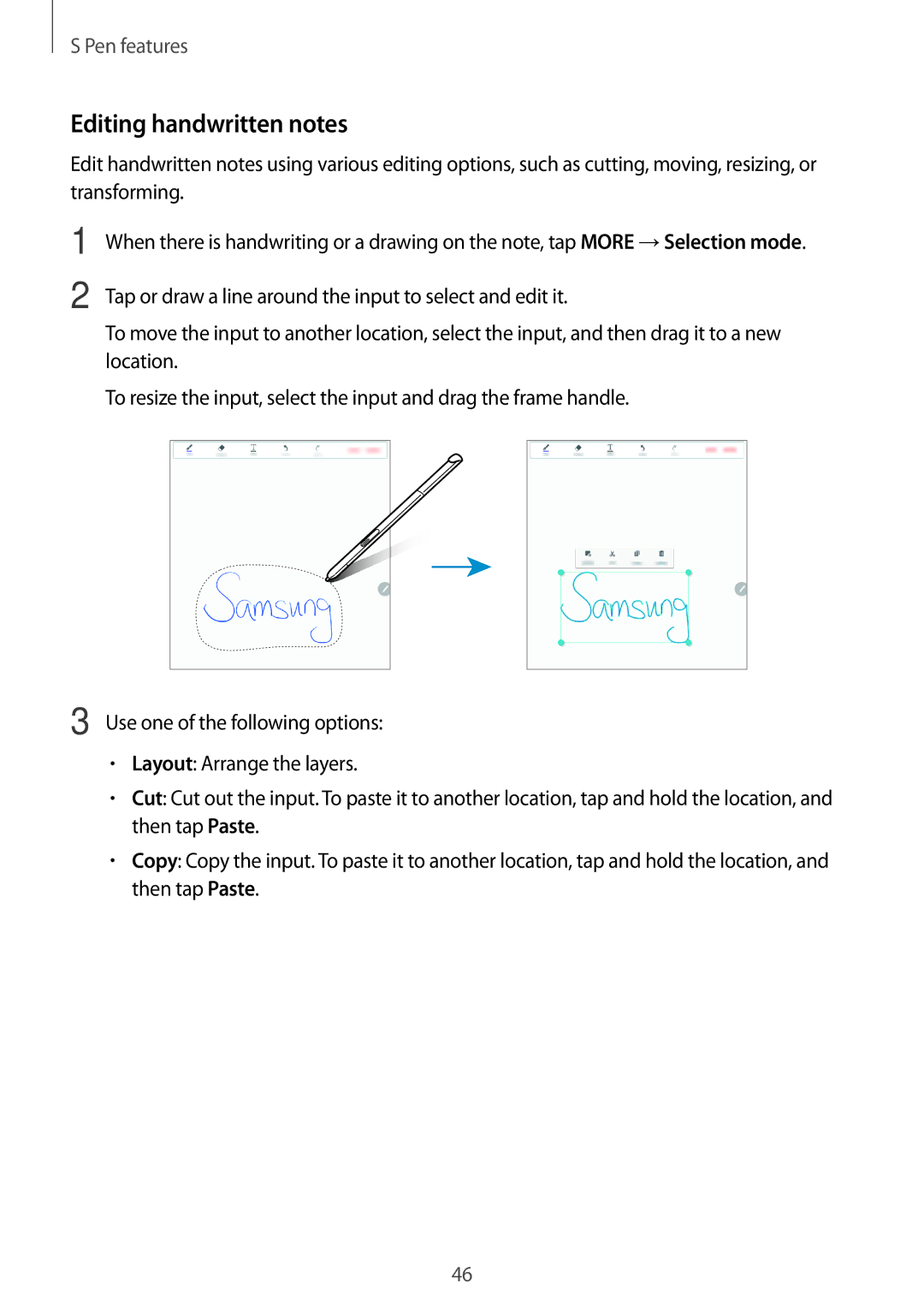 Samsung SM-T355YZAAXXV, SM-T555NZAAKSA, SM-T555NZWAKSA, SM-P555NZWAKSA, SM-T555NZKASEE manual Editing handwritten notes 