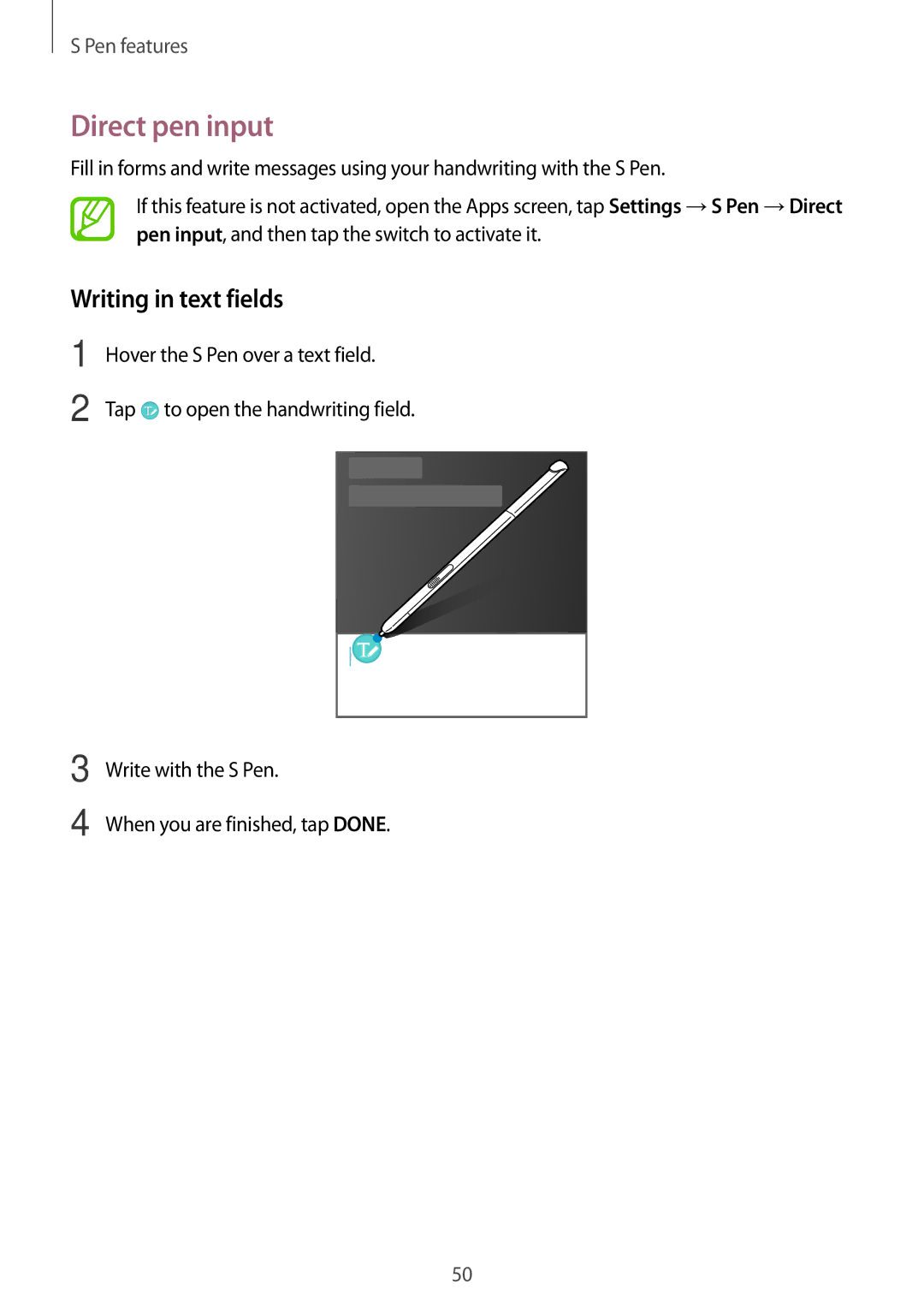 Samsung SM-P555NZWAKSA, SM-T555NZAAKSA, SM-T555NZWAKSA, SM-T555NZKASEE manual Direct pen input, Writing in text fields 