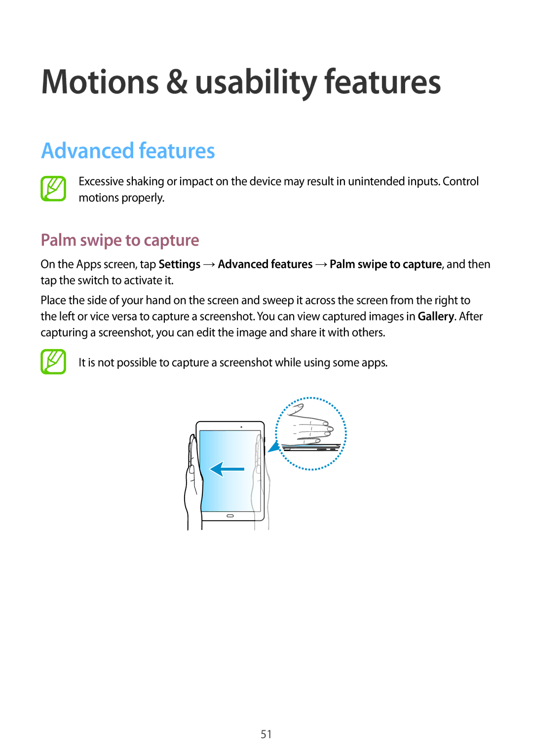 Samsung SM-T555NZKASEE, SM-T555NZAAKSA manual Motions & usability features, Advanced features, Palm swipe to capture 