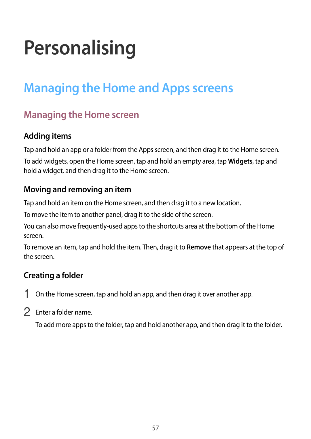 Samsung SM-P555NZAAXXV, SM-T555NZAAKSA manual Personalising, Managing the Home and Apps screens, Managing the Home screen 