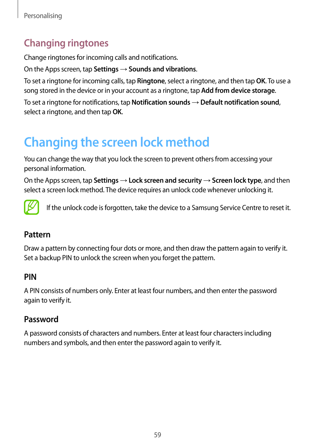 Samsung SM-T555NZKAILO, SM-T555NZAAKSA manual Changing the screen lock method, Changing ringtones, Pattern, Password 