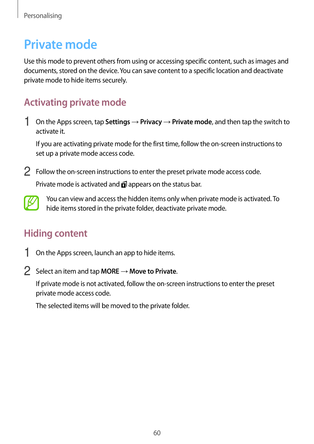 Samsung SM-T555NZAAKSA, SM-T555NZWAKSA, SM-P555NZWAKSA, SM-T555NZKASEE Private mode, Activating private mode, Hiding content 