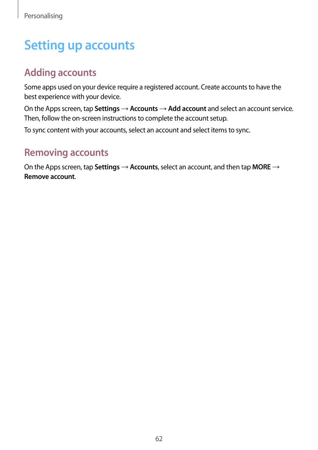 Samsung SM-P555NZWAKSA, SM-T555NZAAKSA manual Setting up accounts, Adding accounts, Removing accounts, Remove account 