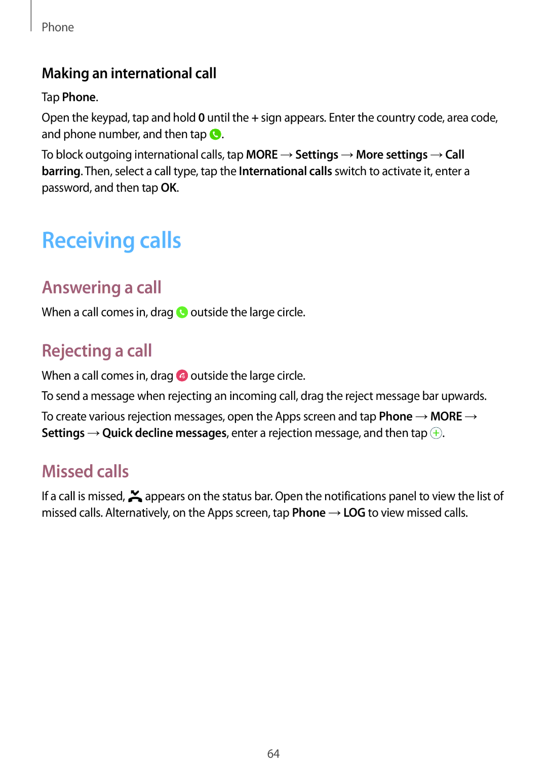 Samsung SM-P555NZBAKSA Receiving calls, Answering a call, Rejecting a call, Missed calls, Making an international call 