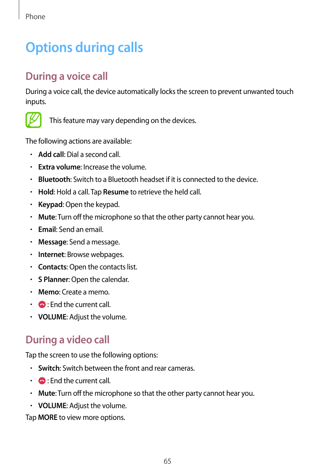 Samsung SM-T555NZBAKSA, SM-T555NZAAKSA, SM-T555NZWAKSA manual Options during calls, During a voice call, During a video call 