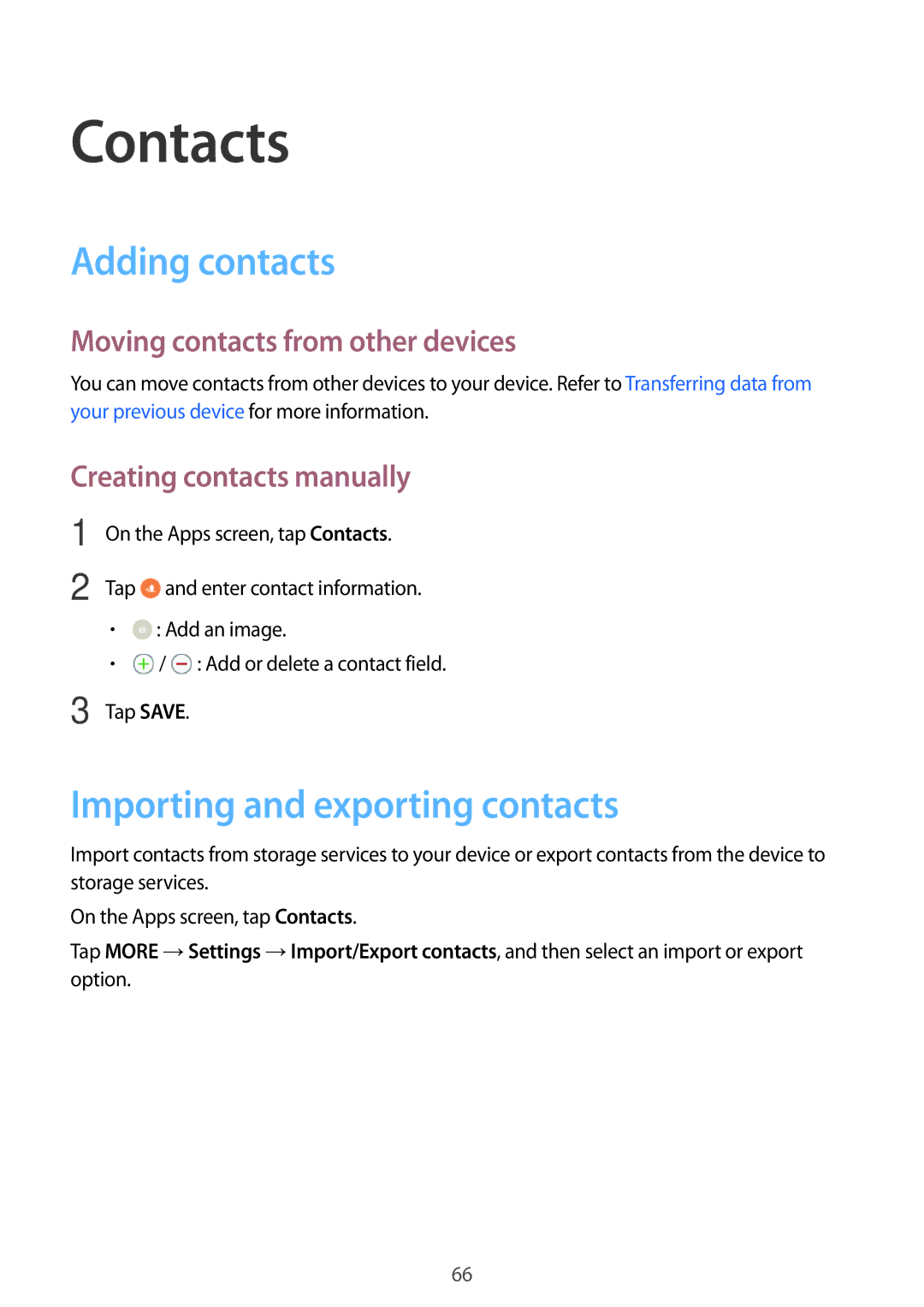 Samsung SM-P555NZAAKSA Contacts, Adding contacts, Importing and exporting contacts, Moving contacts from other devices 