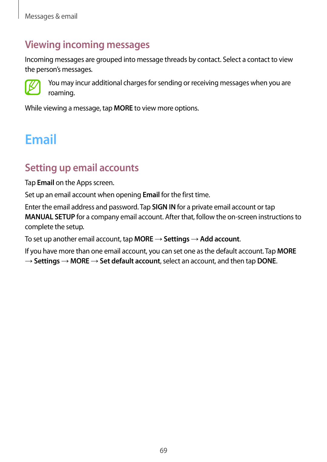 Samsung SM-P555NZAAXXV, SM-T555NZAAKSA, SM-T555NZWAKSA, SM-P555NZWAKSA Viewing incoming messages, Setting up email accounts 
