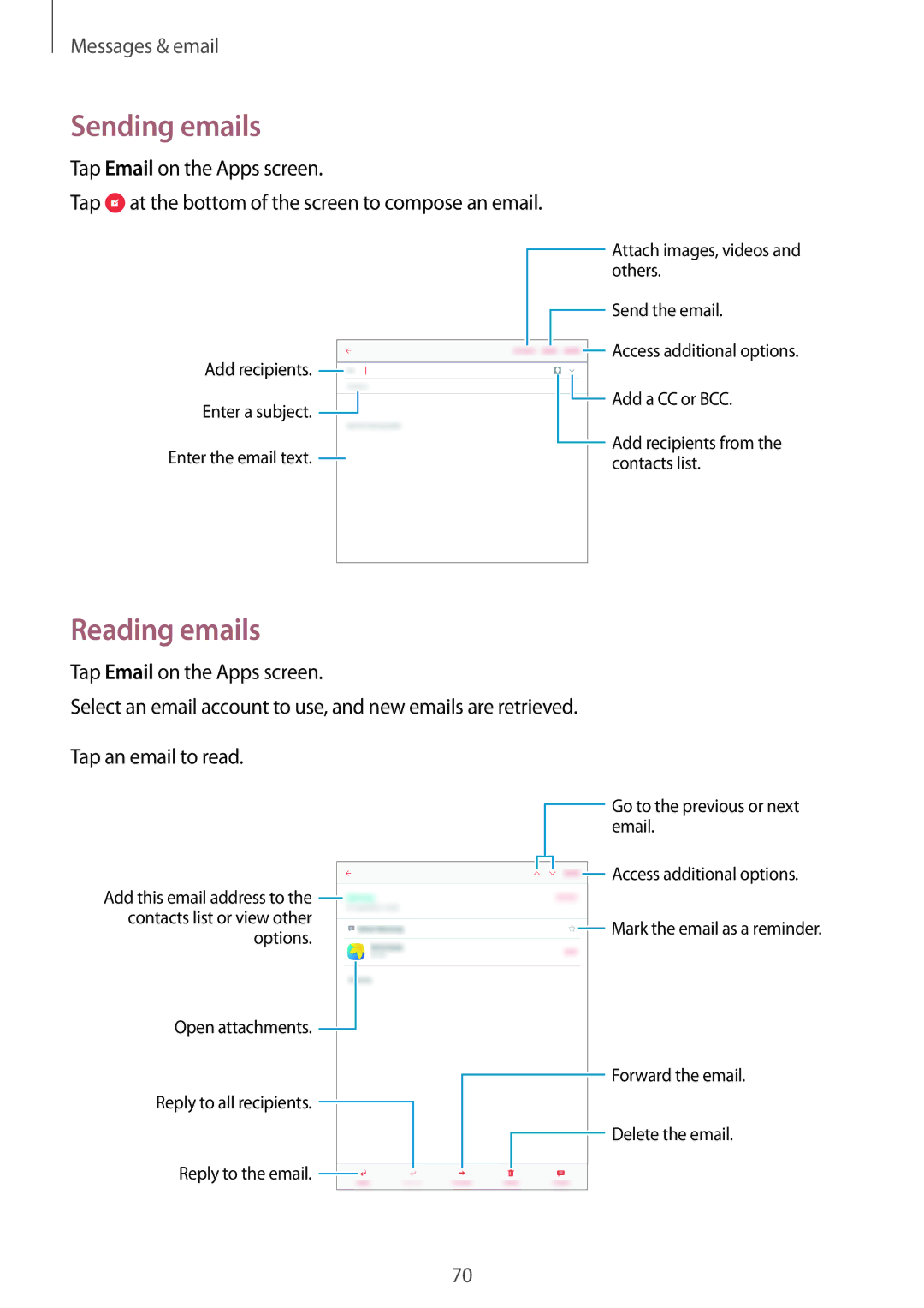 Samsung SM-T355YZAAXXV, SM-T555NZAAKSA, SM-T555NZWAKSA, SM-P555NZWAKSA, SM-T555NZKASEE manual Sending emails, Reading emails 