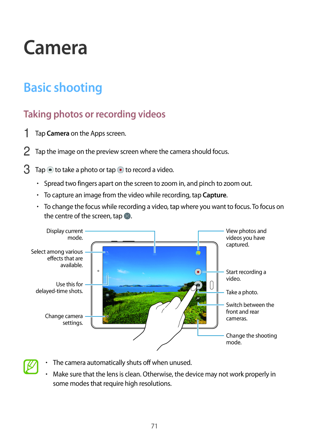 Samsung SM-T555NZKAILO, SM-T555NZAAKSA, SM-T555NZWAKSA manual Camera, Basic shooting, Taking photos or recording videos 