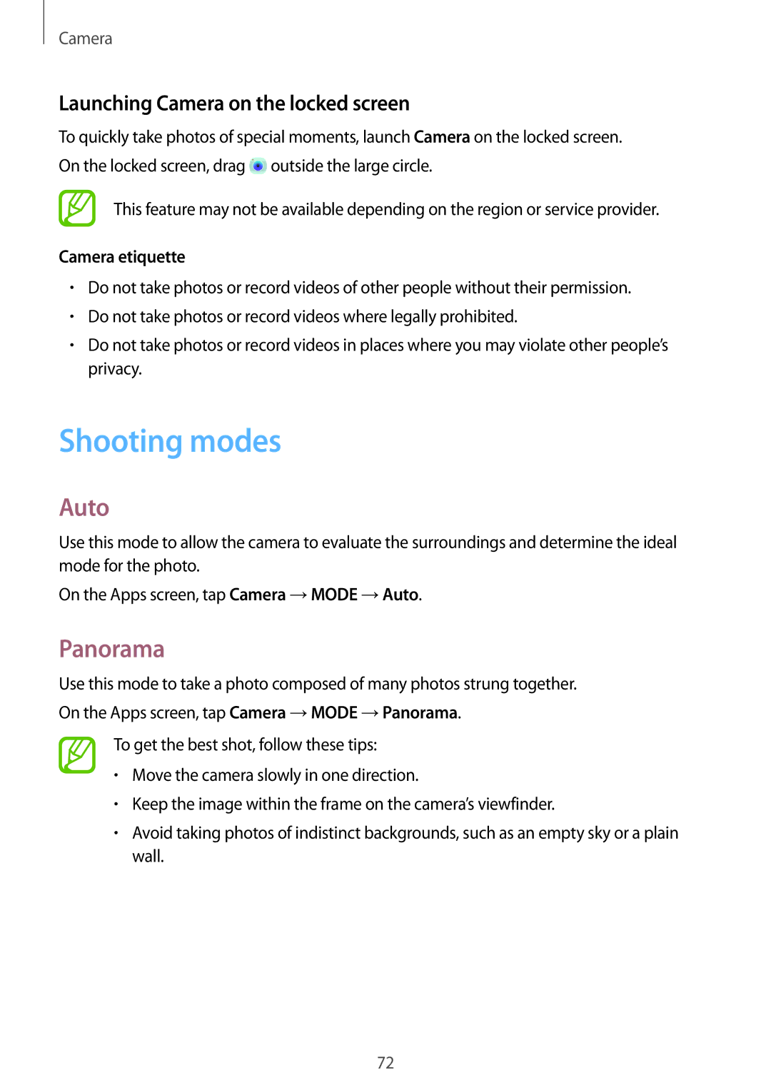 Samsung SM-T555NZAAKSA manual Shooting modes, Auto, Panorama, Launching Camera on the locked screen, Camera etiquette 