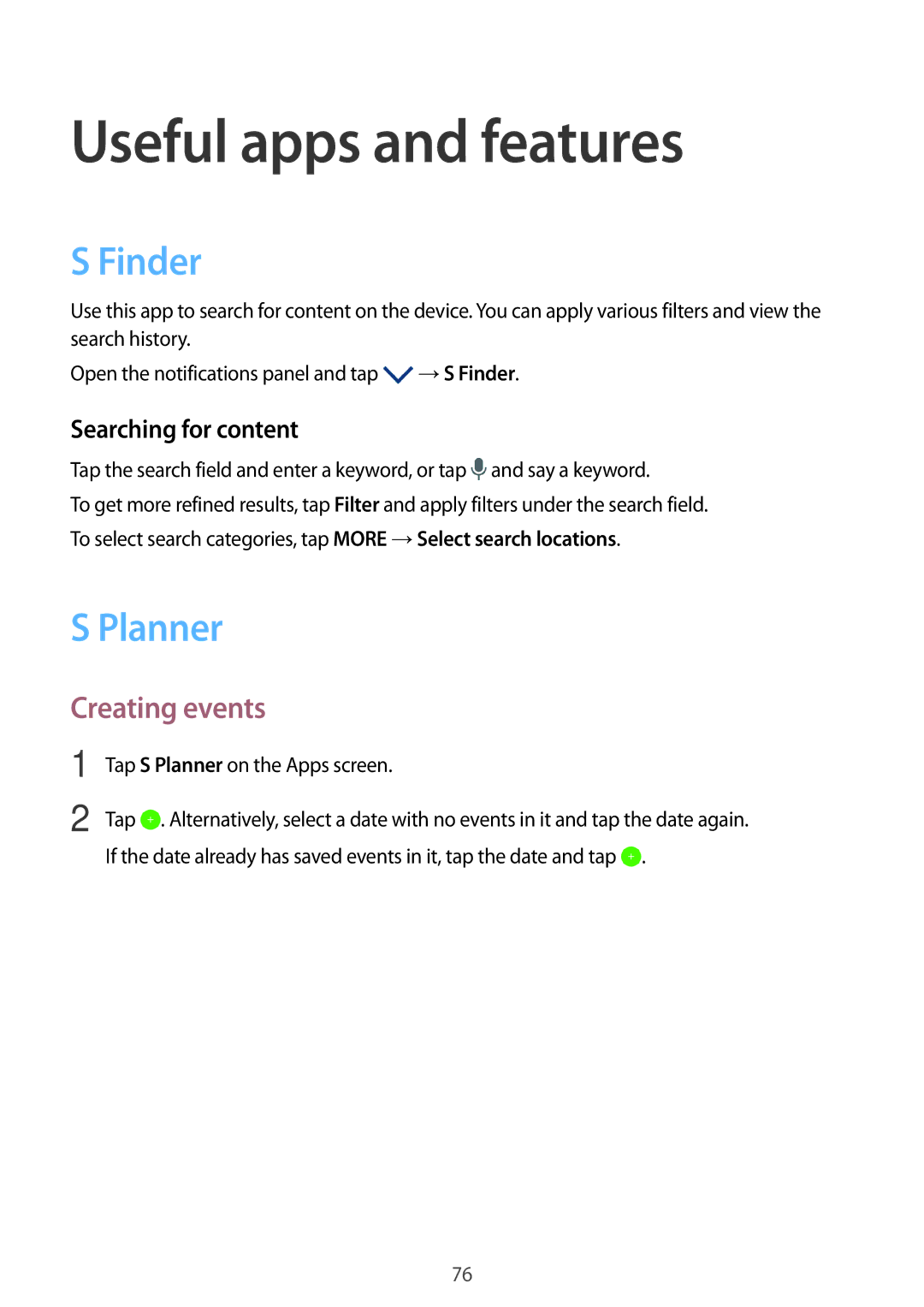 Samsung SM-P555NZBAKSA, SM-T555NZAAKSA Useful apps and features, Finder, Planner, Creating events, Searching for content 