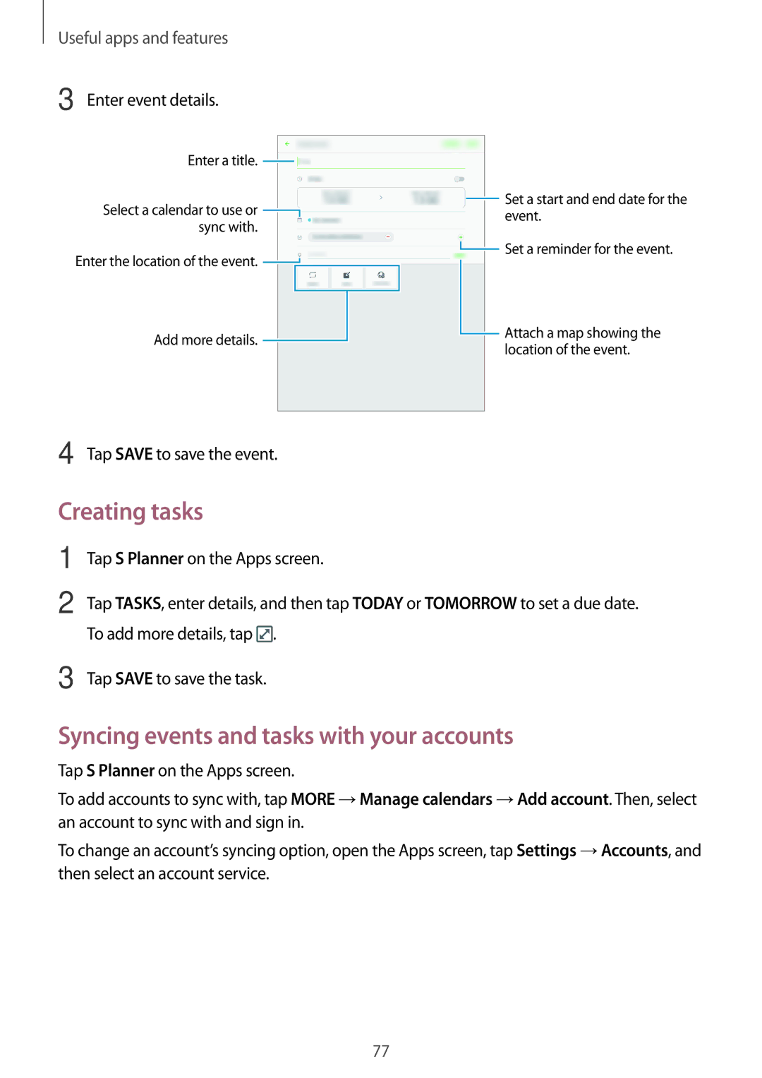 Samsung SM-T555NZBAKSA, SM-T555NZAAKSA Creating tasks, Syncing events and tasks with your accounts, Enter event details 