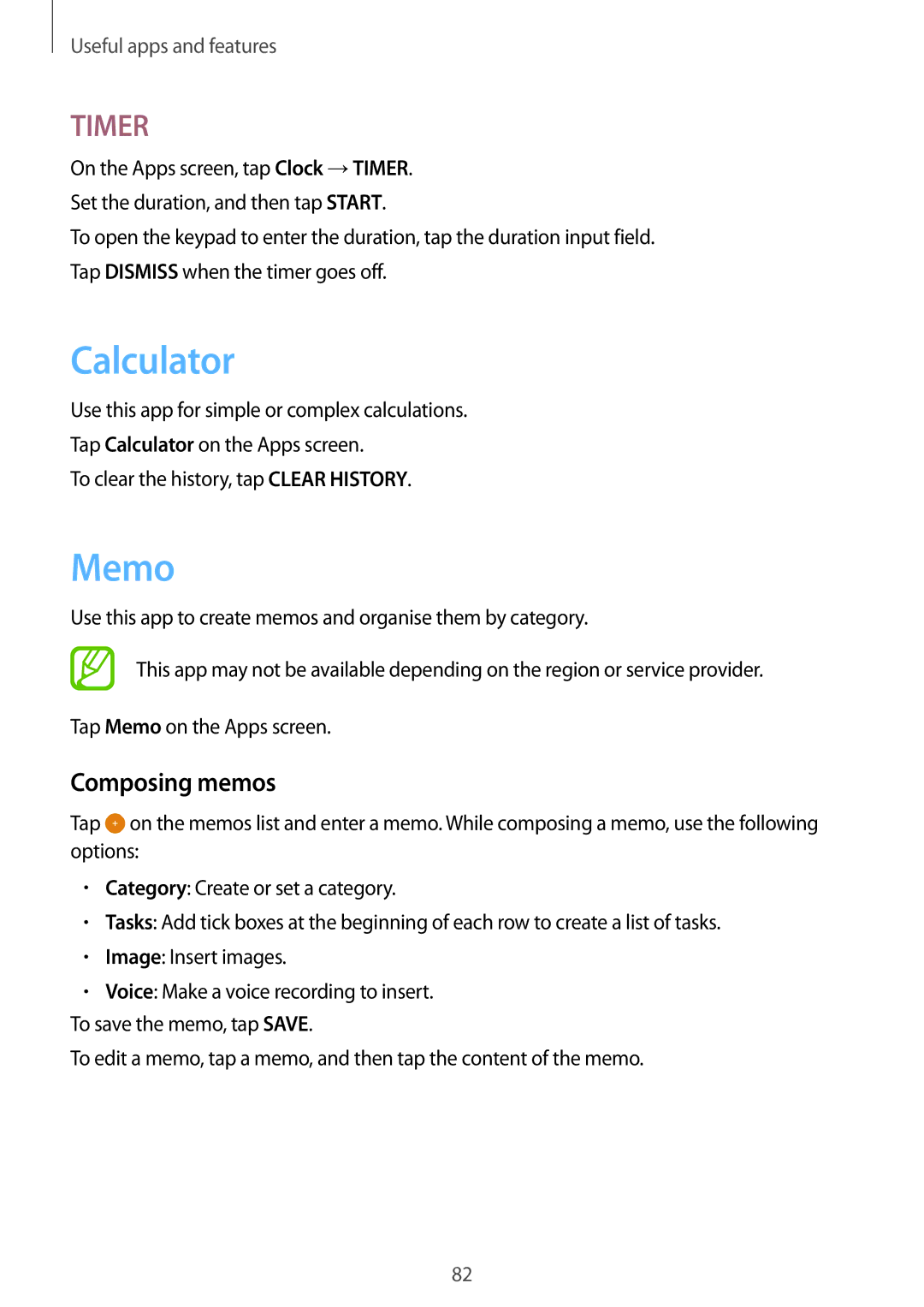 Samsung SM-T355YZAAXXV, SM-T555NZAAKSA, SM-T555NZWAKSA, SM-P555NZWAKSA, SM-T555NZKASEE manual Calculator, Memo, Composing memos 