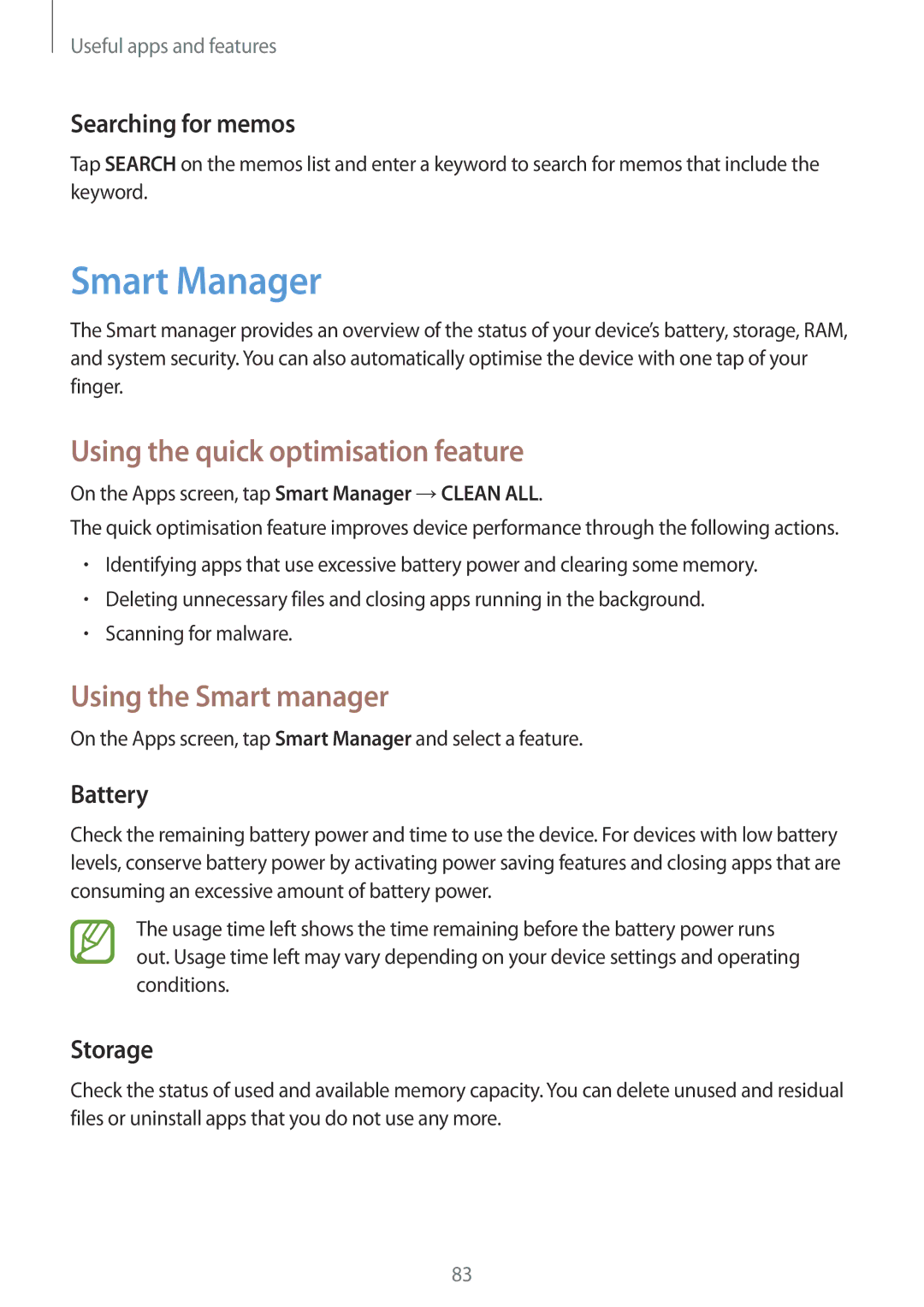 Samsung SM-T555NZKAILO, SM-T555NZAAKSA manual Smart Manager, Using the quick optimisation feature, Using the Smart manager 