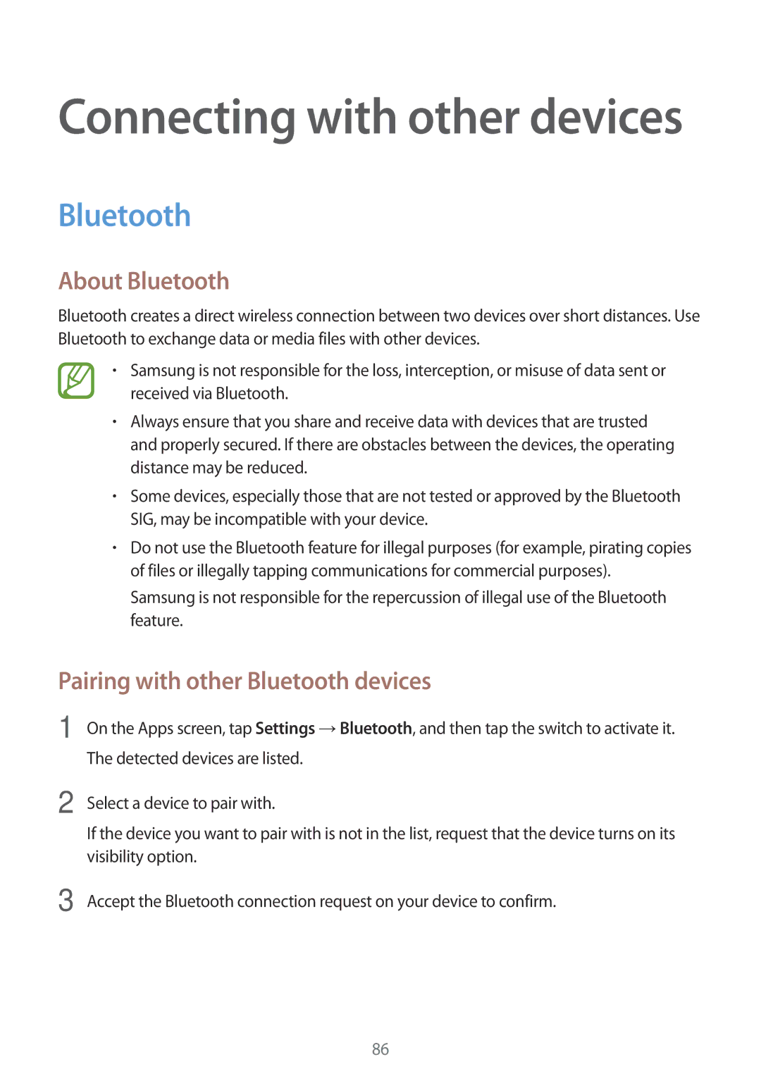 Samsung SM-P555NZWAKSA, SM-T555NZAAKSA, SM-T555NZWAKSA manual About Bluetooth, Pairing with other Bluetooth devices 