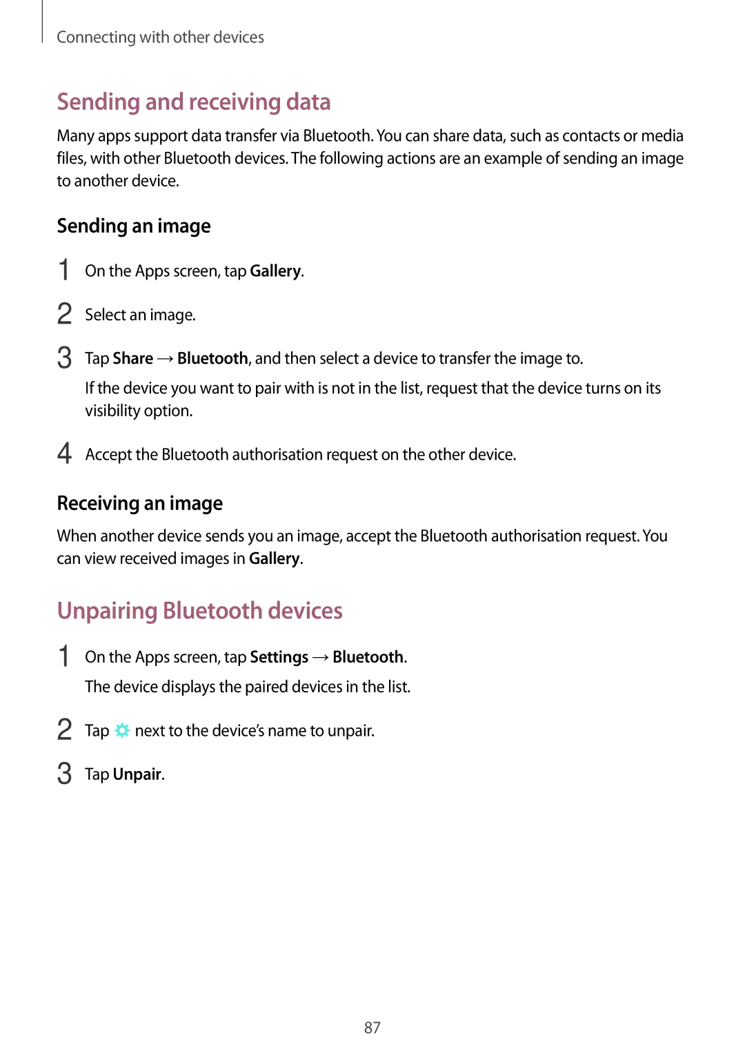 Samsung SM-T555NZKASEE manual Sending and receiving data, Unpairing Bluetooth devices, Sending an image, Receiving an image 