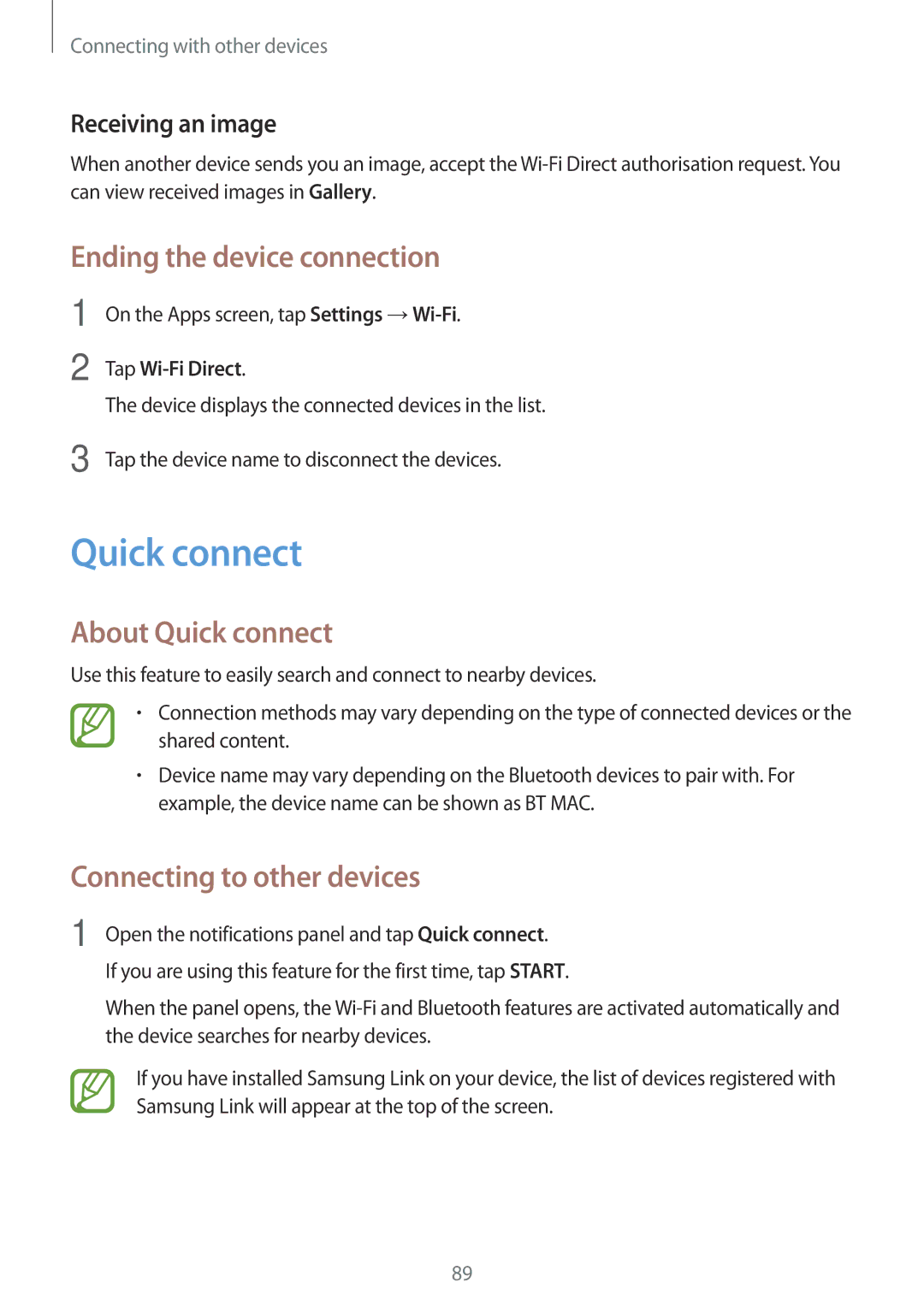 Samsung SM-T555NZBAKSA Ending the device connection, About Quick connect, On the Apps screen, tap Settings →Wi-Fi 