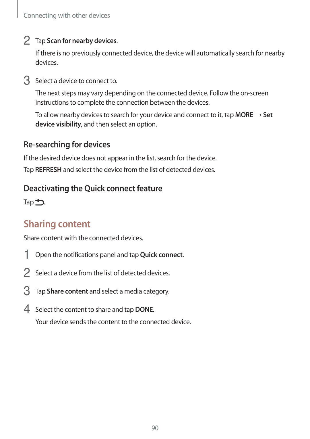 Samsung SM-P555NZAAKSA, SM-T555NZAAKSA Sharing content, Re-searching for devices, Deactivating the Quick connect feature 