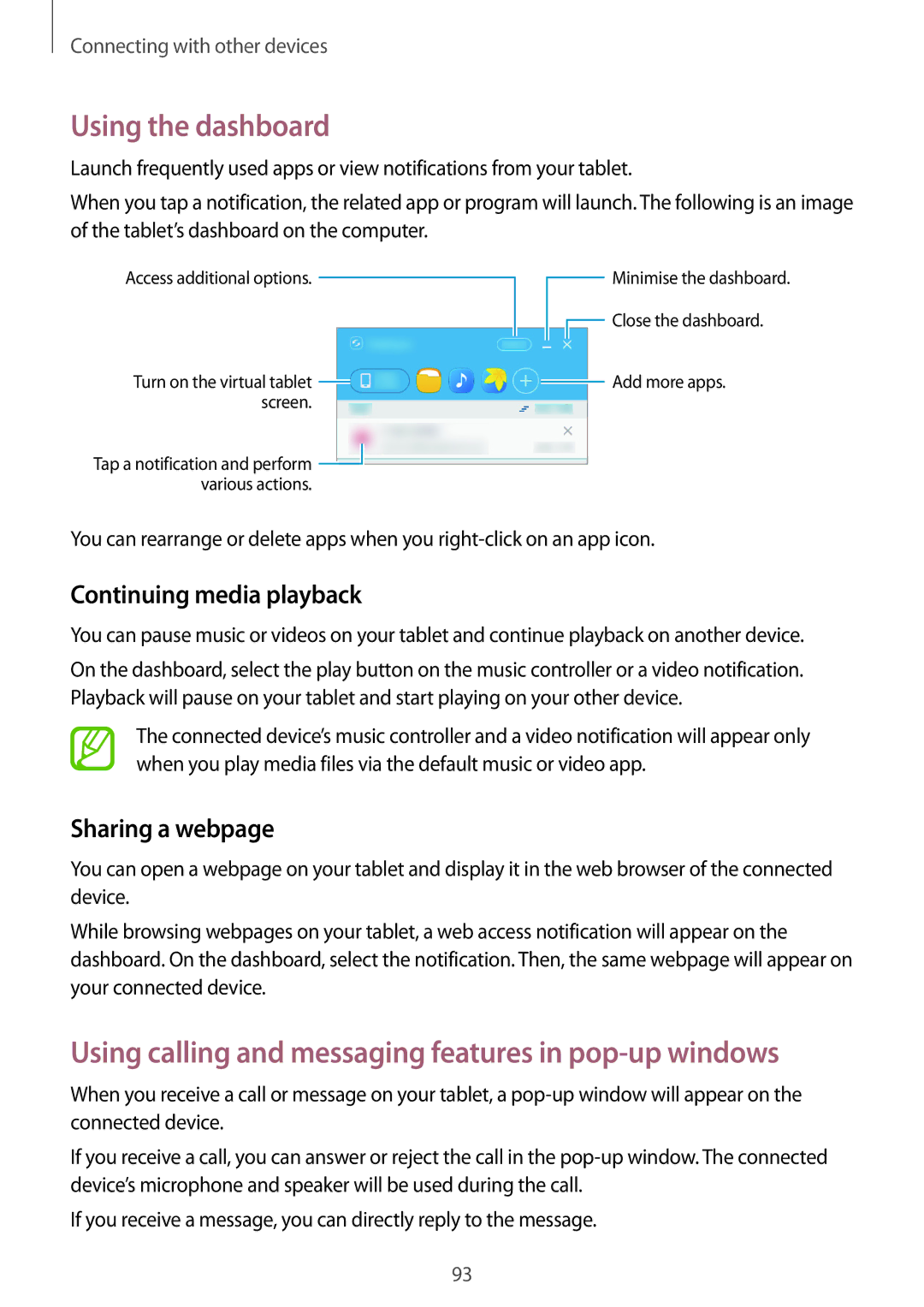 Samsung SM-P555NZAAXXV, SM-T555NZAAKSA, SM-T555NZWAKSA Using the dashboard, Continuing media playback, Sharing a webpage 