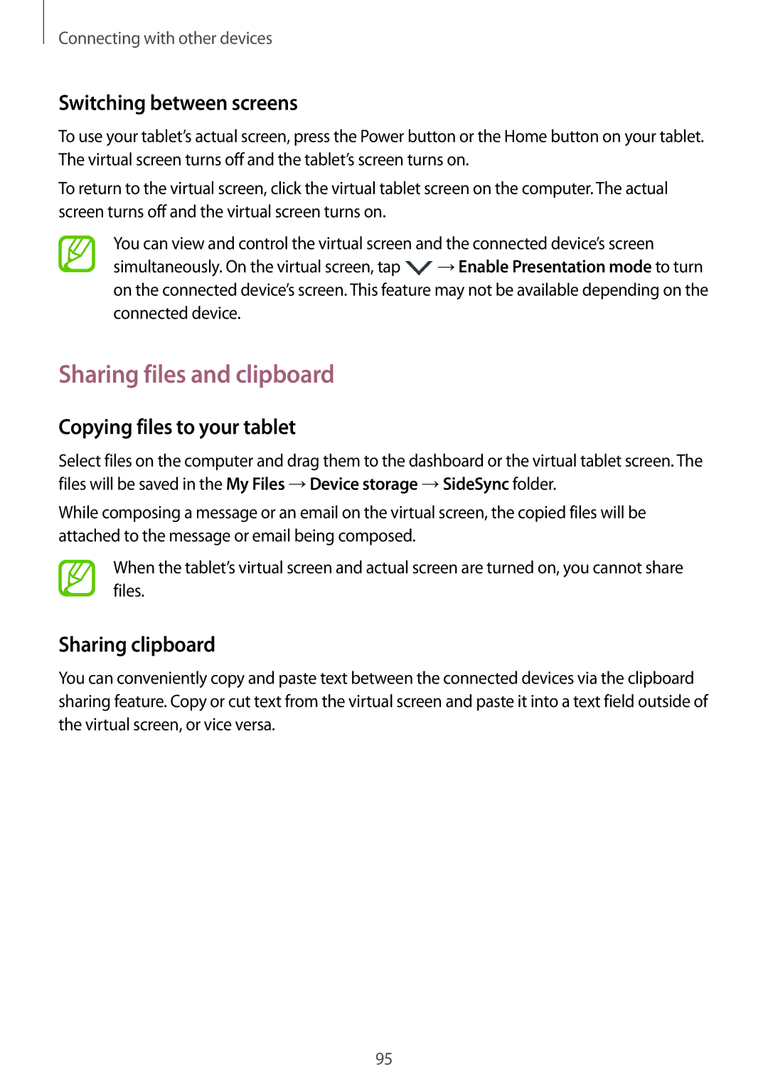 Samsung SM-T555NZKAILO manual Sharing files and clipboard, Switching between screens, Copying files to your tablet 