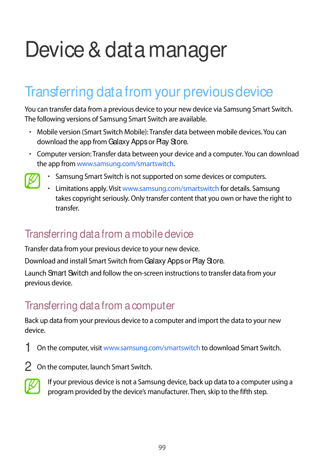 Samsung SM-T555NZKASEE, SM-T555NZAAKSA, SM-T555NZWAKSA Device & data manager, Transferring data from your previous device 