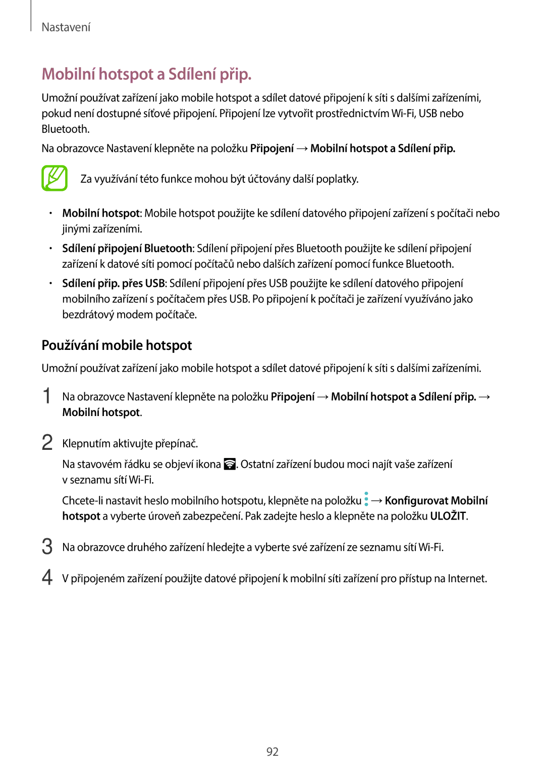 Samsung SM2T555NZWATMZ, SM-T555NZKAAUT, SM-T555NZKAATO manual Mobilní hotspot a Sdílení přip, Používání mobile hotspot 