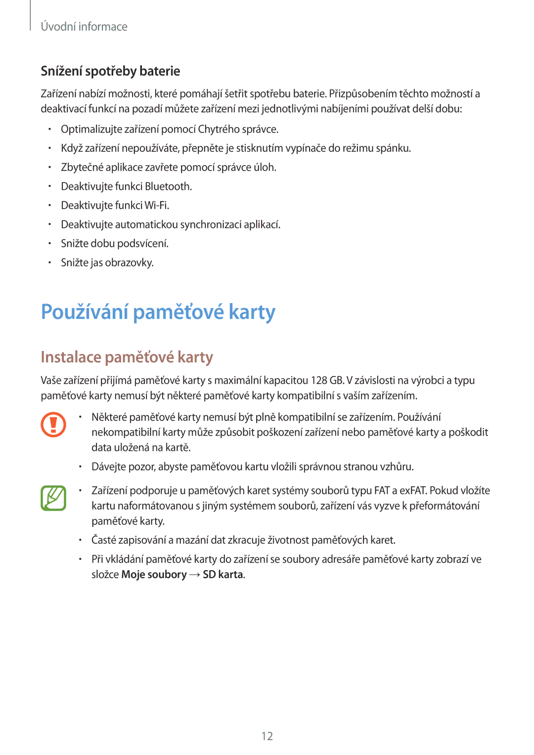 Samsung SM2T555NZKAVDC, SM-T555NZKAAUT manual Používání paměťové karty, Instalace paměťové karty, Snížení spotřeby baterie 