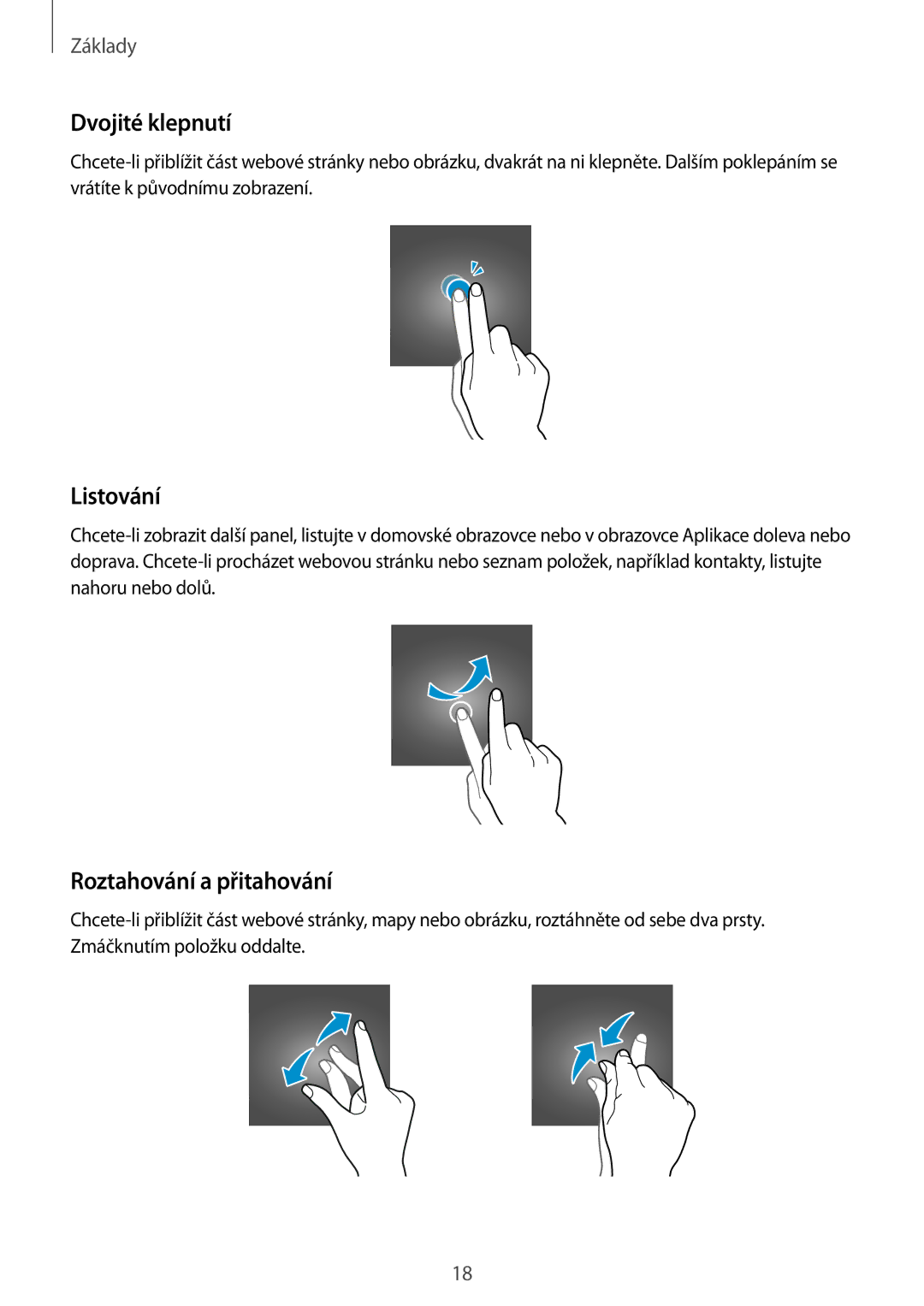 Samsung SM2T555NZKAXEZ, SM-T555NZKAAUT, SM-T555NZKAATO manual Dvojité klepnutí, Listování, Roztahování a přitahování 