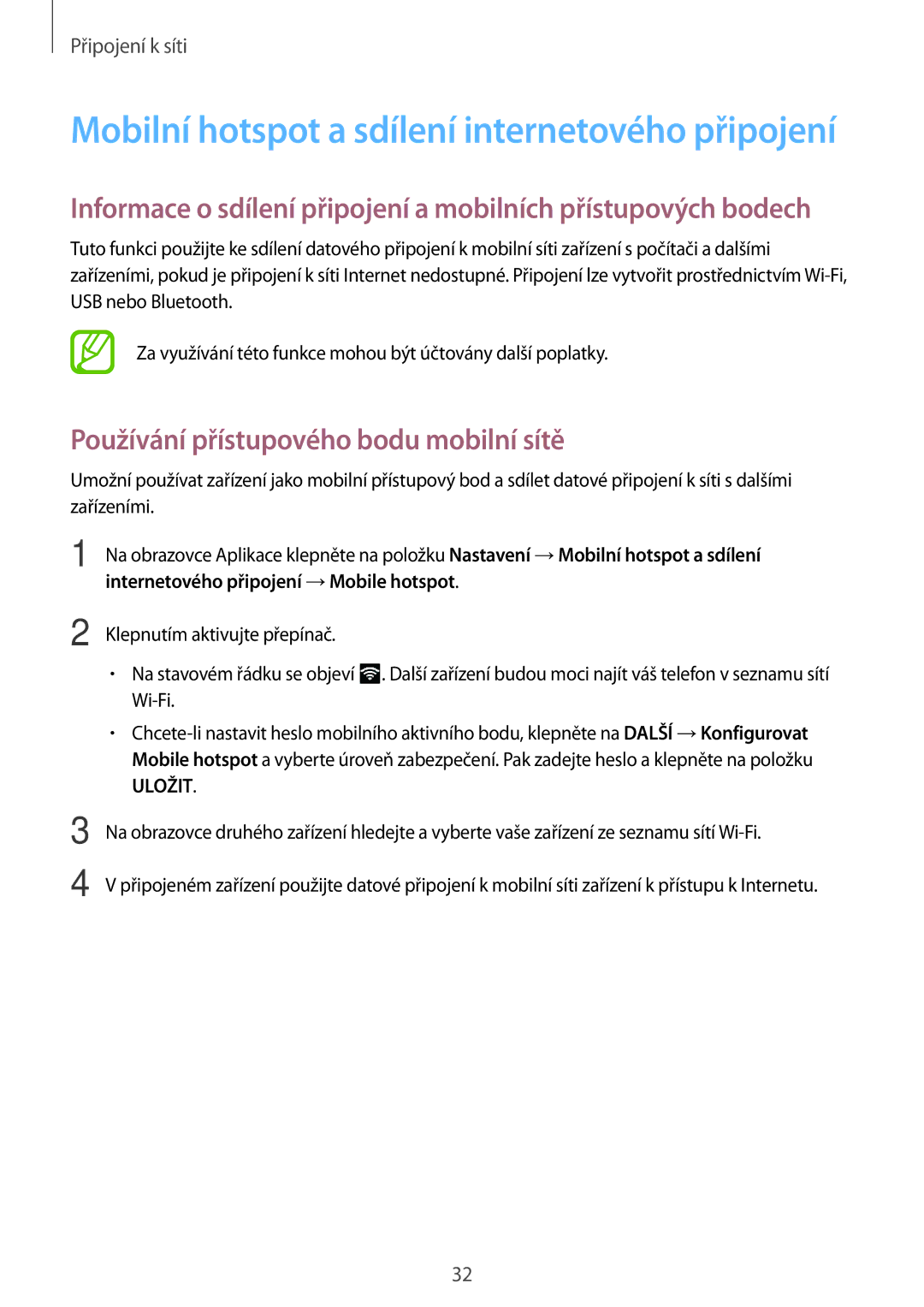 Samsung SM2T555NZWAXEZ manual Mobilní hotspot a sdílení internetového připojení, Používání přístupového bodu mobilní sítě 