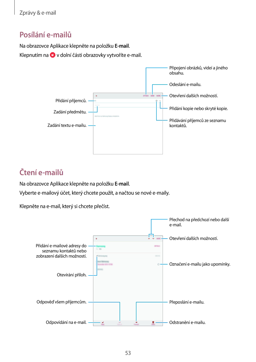 Samsung SM2T555NZWATMS, SM-T555NZKAAUT, SM-T555NZKAATO, SM-T555NZKAEUR, SM-T555NZWAXSK manual Posílání e-mailů, Čtení e-mailů 