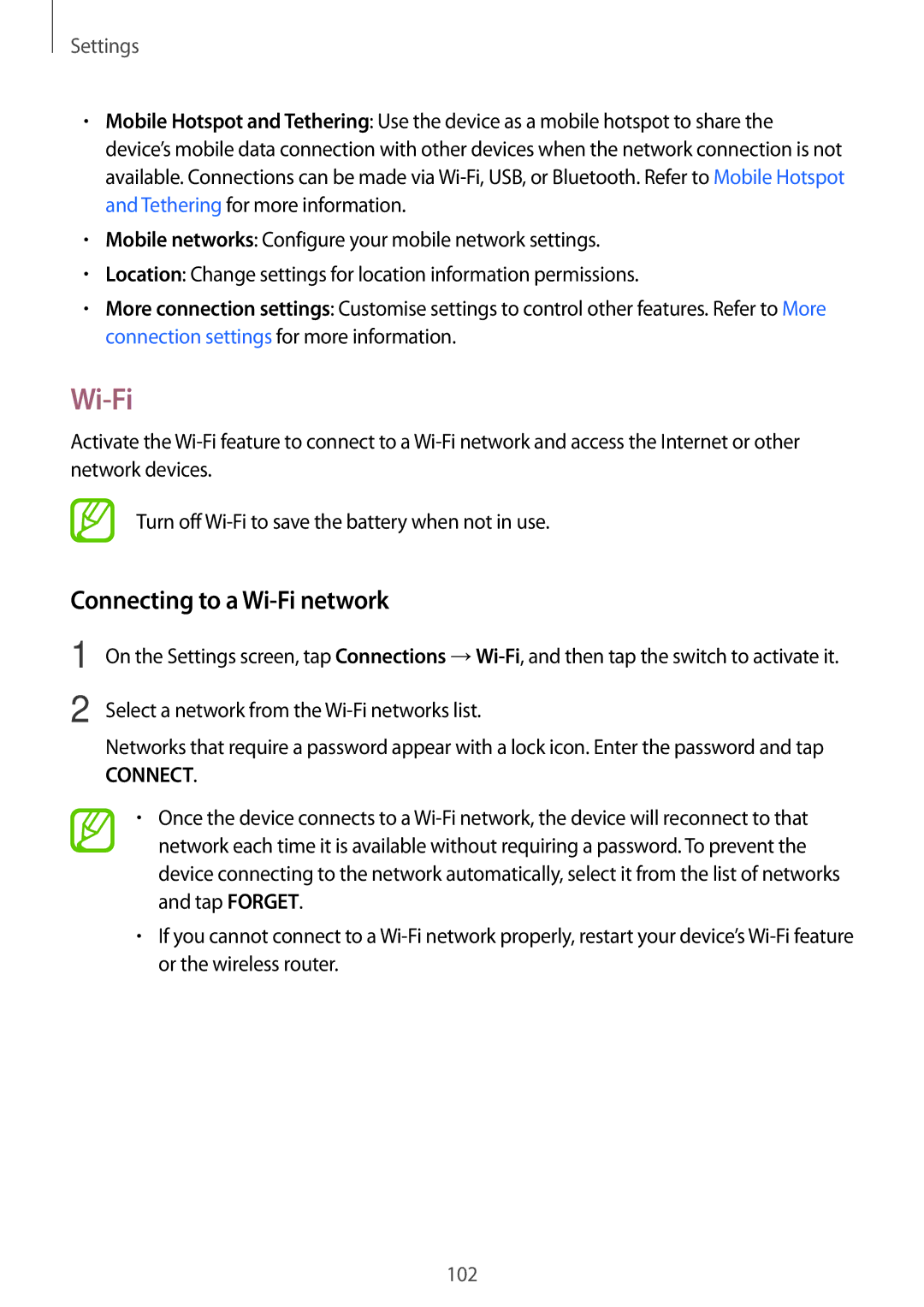 Samsung SM-T555NZWASEE, SM-T555NZKAAUT, SM-T555NZKAATO, SM-T555NZKASEB, SM-T555NZKATPH manual Connecting to a Wi-Fi network 