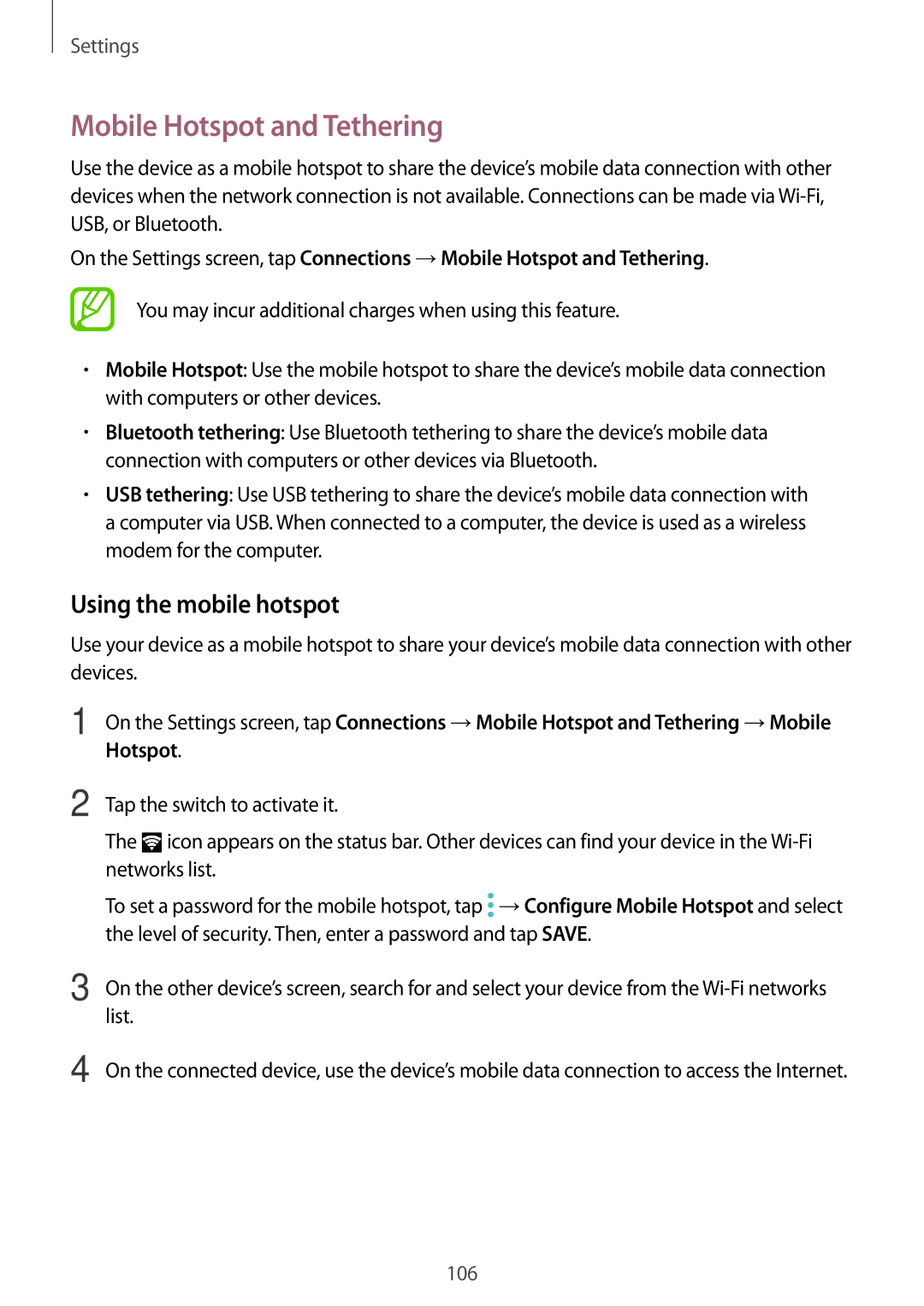 Samsung SM-T555NZKAXEZ, SM-T555NZKAAUT, SM-T555NZKAATO manual Mobile Hotspot and Tethering, Using the mobile hotspot 